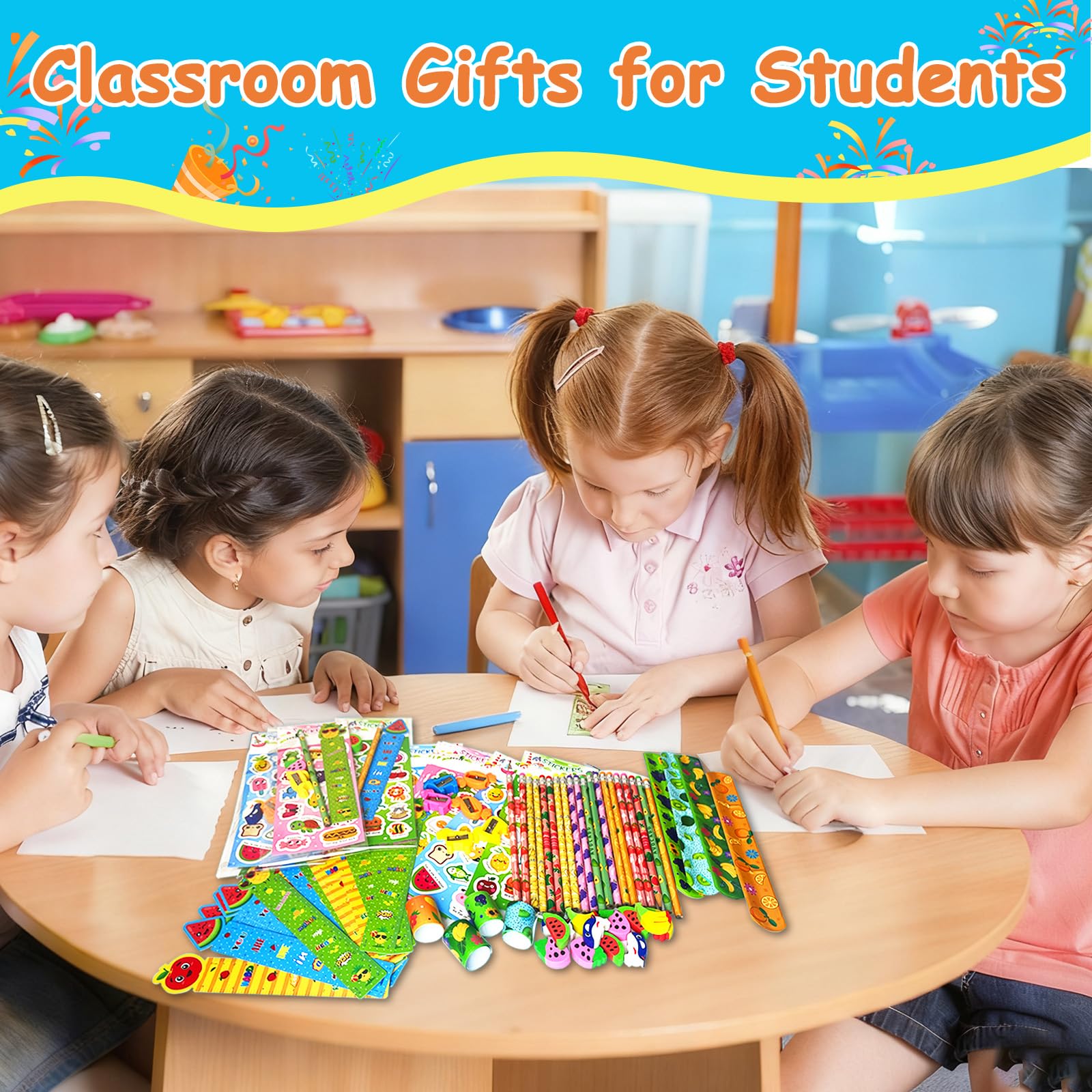 Stationery Party Packs, Birthday Goodie Bags with Stickers Rulers Pencils Erasers Sharpeners Slap Bracelets for Goodie Bags Classroom Return Gifts Class Birthday Gifts for Student (28Pack)