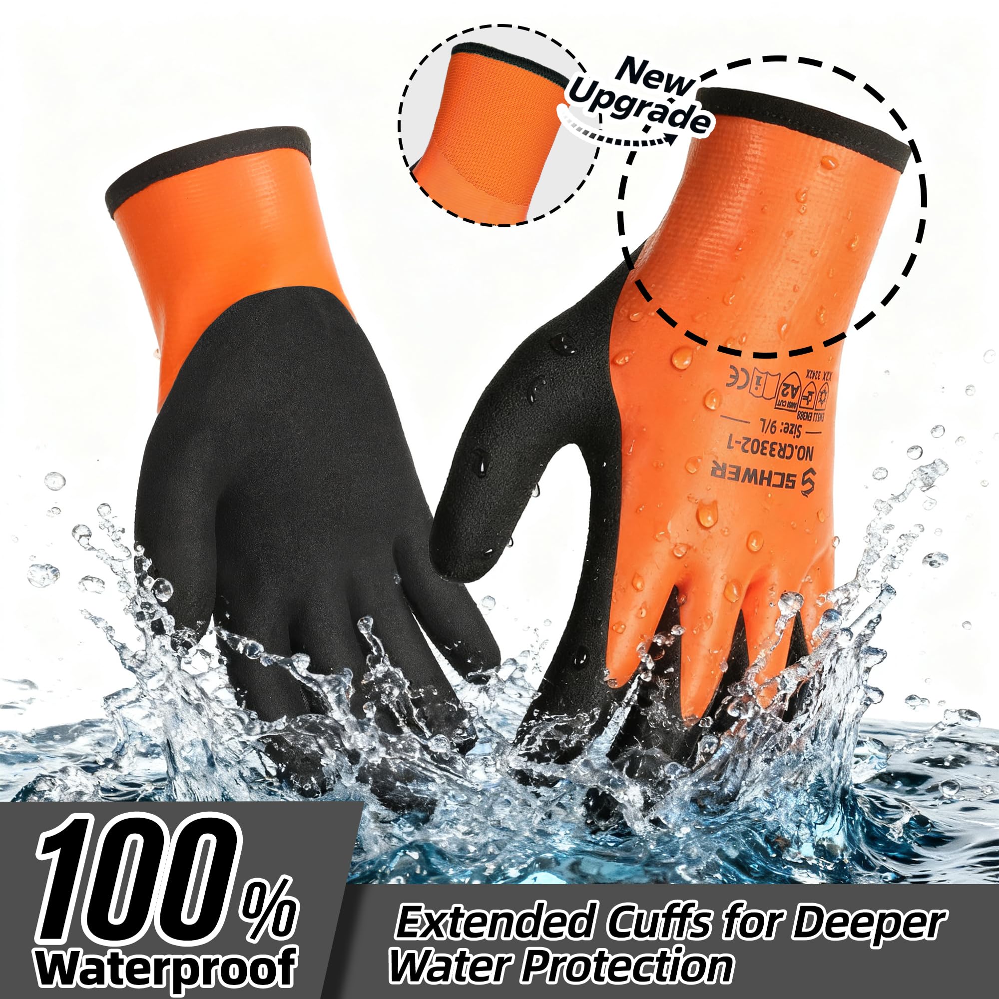 Schwer 2 Pairs FreezeGuard Winter Work Gloves, ANSI A2 Cut Resistant Freezer Gloves for Outdoor Cold Weather Keep Hands Warm, Waterproof Gloves for Shoveling Snow, Ice Fishing, L
