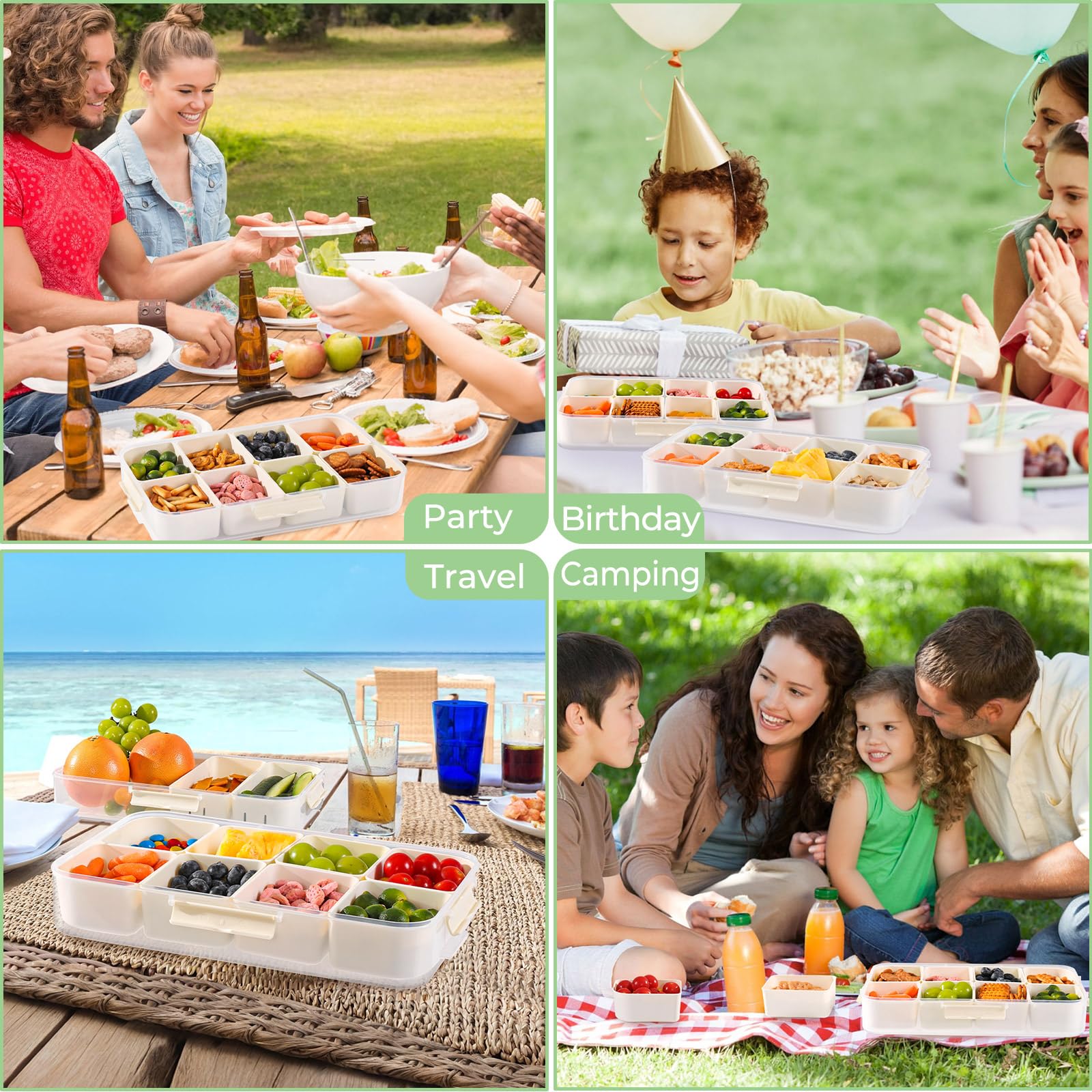 2 Pack 8 Compartment Snackle Box Container Divided Serving Tray, Luxear Snack Box Charcuterie Container with Lid and Handle,Portable Snack Platter Organizer for Candy Fruits Veggie Party Travel Picnic