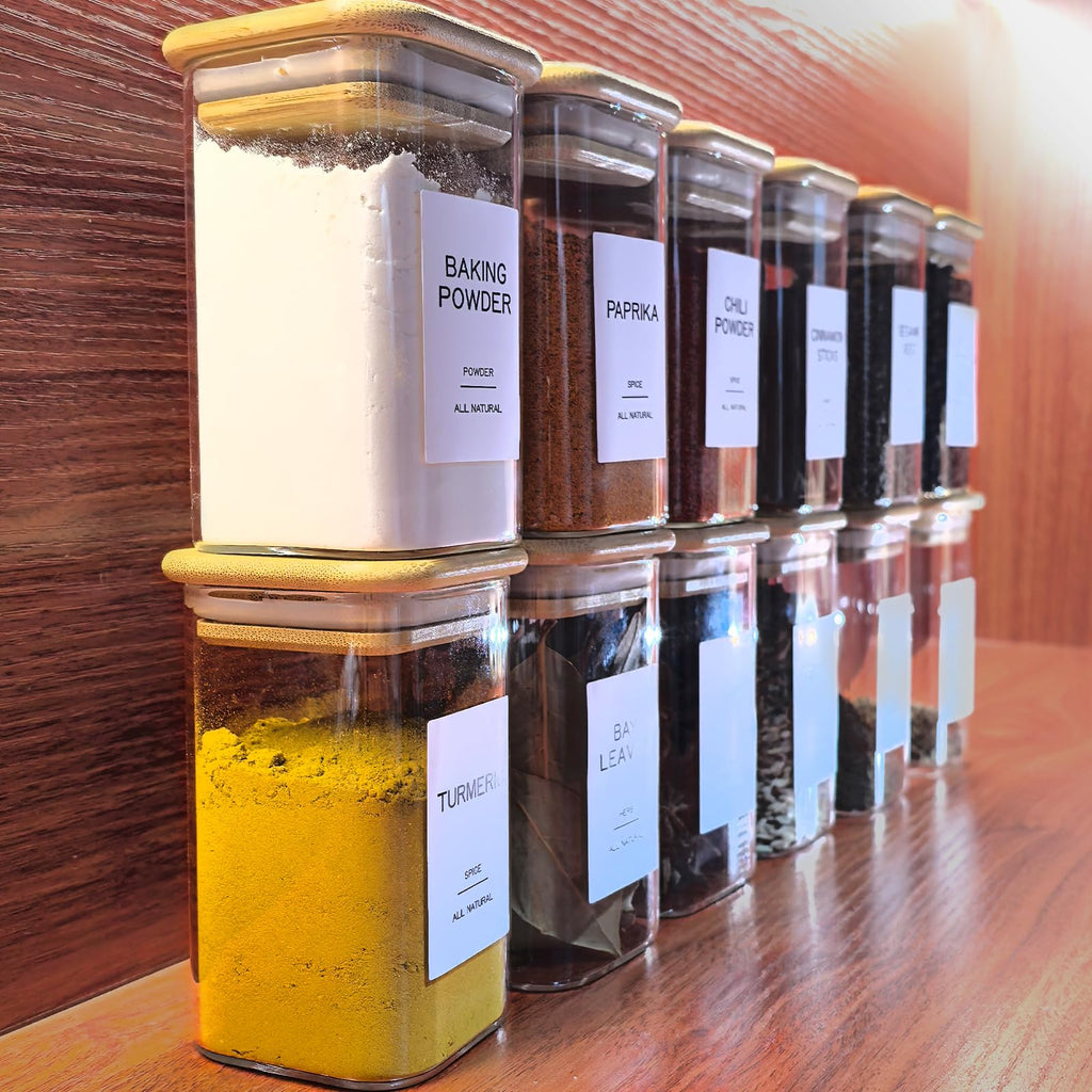 Kuocodall 12 Pcs Glass Spice Jars with Bamboo Airtight Lids & 201 Labels - 8oz Square Small Empty Food Storage Containers for Kitchen, Seasonings, Herbs, Salt