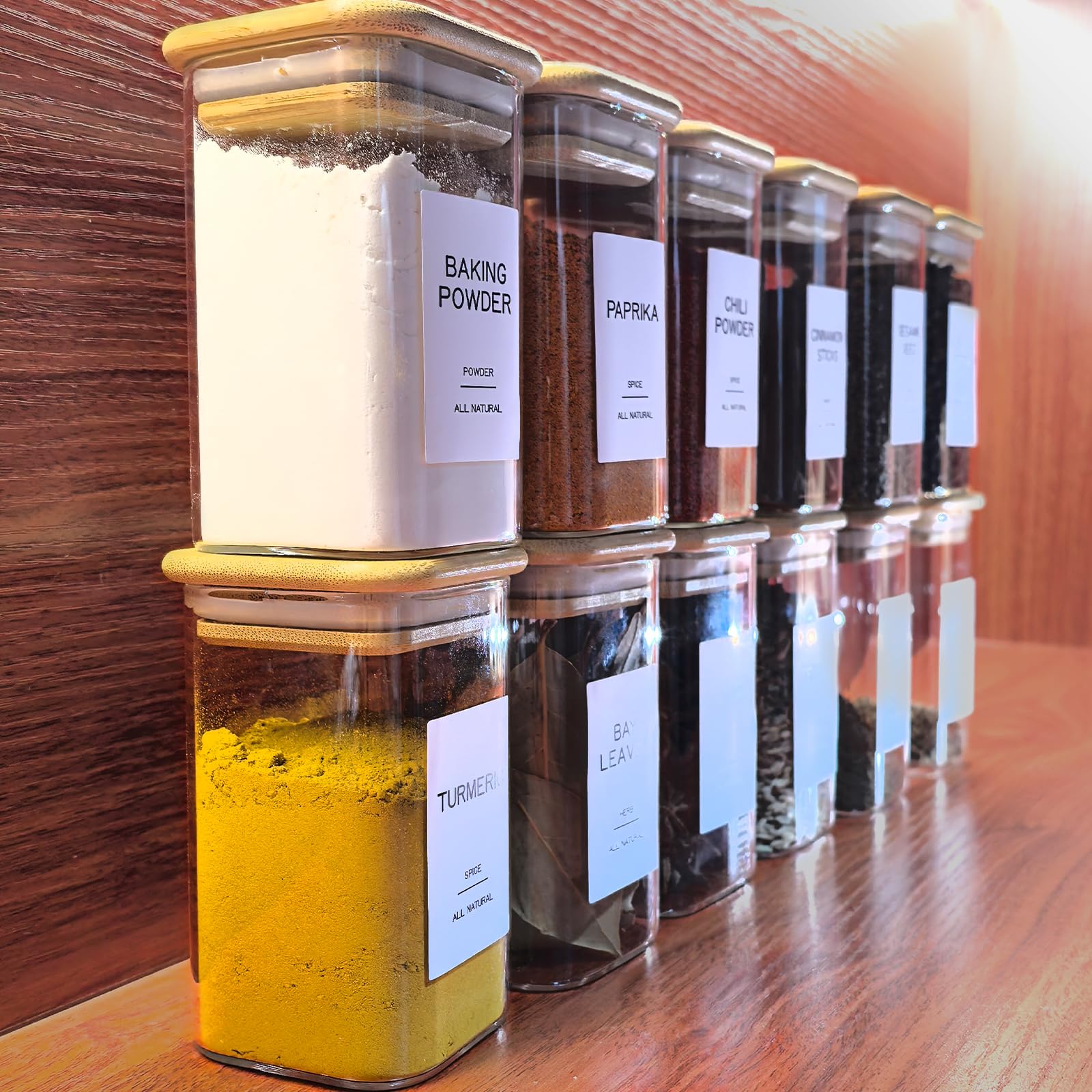 Kuocodall 12 Pcs Glass Spice Jars with Bamboo Airtight Lids & 201 Labels - 8oz Square Small Empty Food Storage Containers for Kitchen, Seasonings, Herbs, Salt