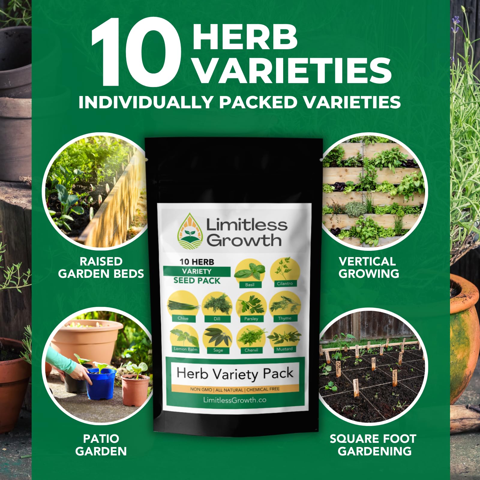 10 Herb Pack | Seeds for Planting: Culinary Herbs Collection | Indoor & Outdoor Garden Variety | Chervil, Chive, Cilantro, Lemon Balm, Mustard, Sage, Thyme, Basil, Parsley, Dill | Limitless Growth