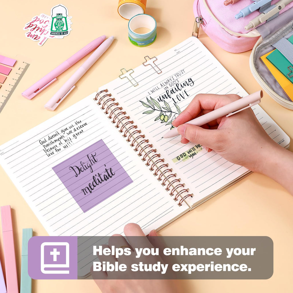 Bible Journaling Study Supplies with Highlighters, Pens, Pencil Case, Notebook, Tabs, Stickers, Cross Paper Clips - Complete Bible Journaling Kit, Christian Gifts for Women, Annotation Kit (Pink)