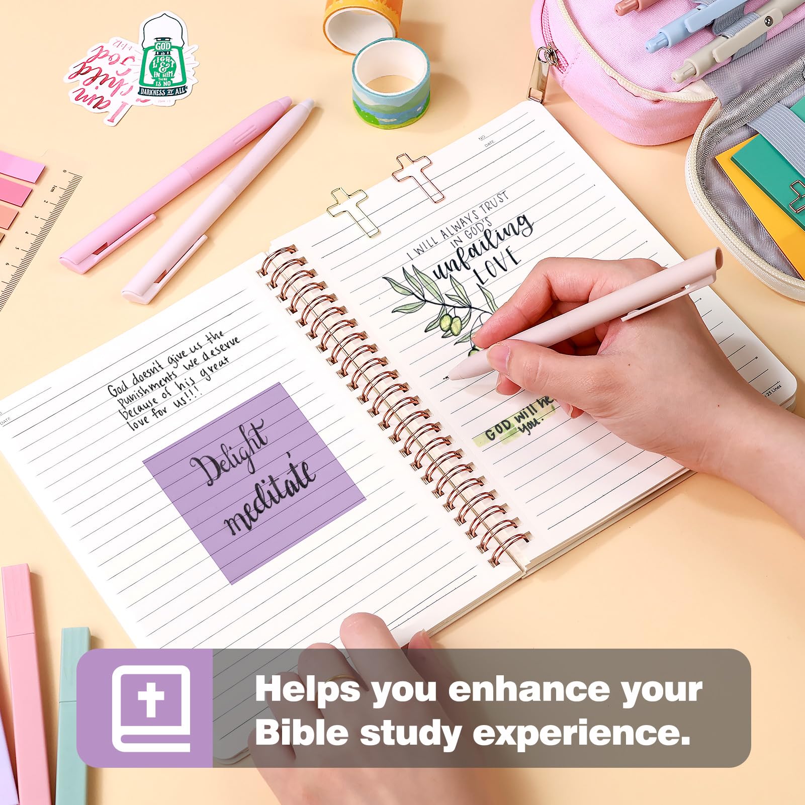 Bible Journaling Study Supplies with Highlighters, Pens, Pencil Case, Notebook, Tabs, Stickers, Cross Paper Clips - Complete Bible Journaling Kit, Christian Gifts for Women, Annotation Kit (Pink)