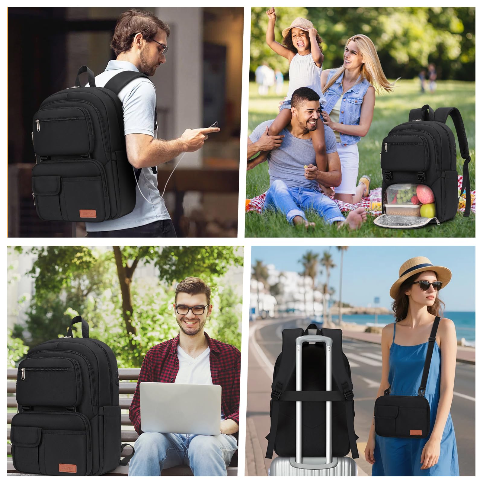 SDYSM Lunch Backpack for Men Women 15.6 Inch Laptop Backpack with USB Charging Port, Waterproof Work Backpack with Insulated Lunch Compartment Suitable for Work, Travel, College,Black