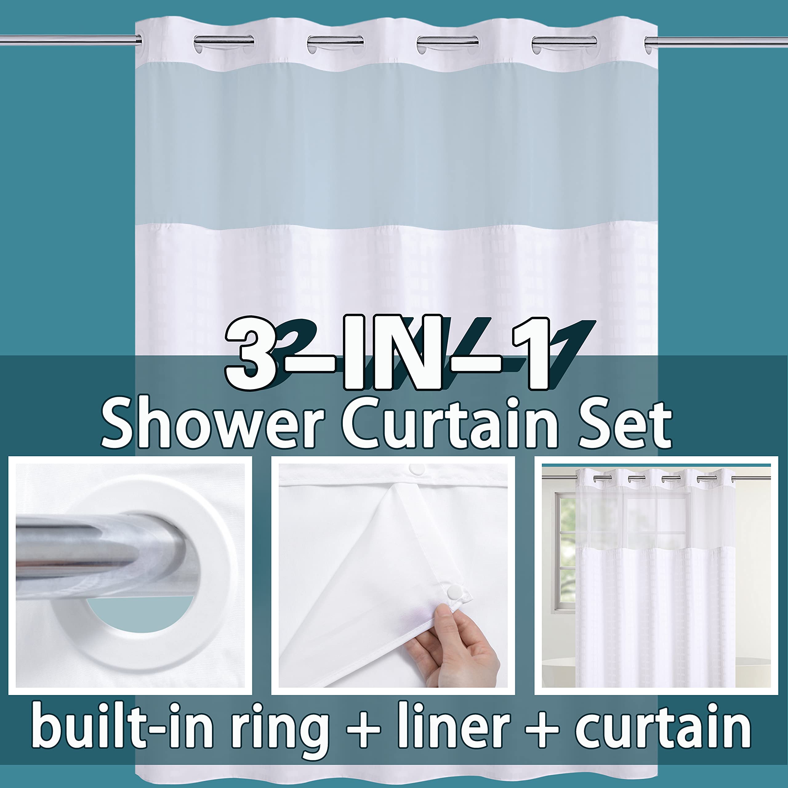 Conbo Mio Hotel Style Fabric Shower Curtain with Snap in Liner for Bathroom Machine Washable Waterproof Repellent Shower Curtain (Check-White, 71" W x 74" H)