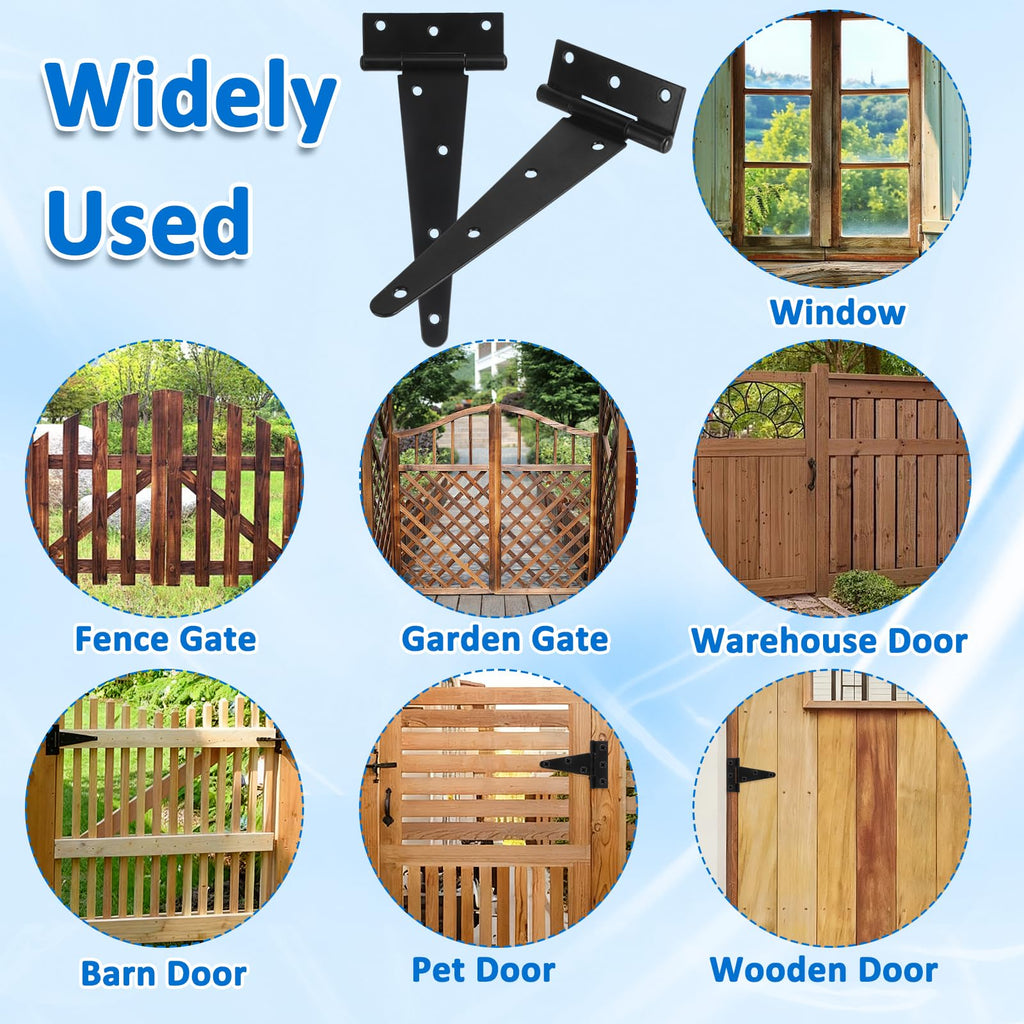 4 Pack T-Strap Hinges 8 Inch Gate Hinges Heavy Duty Barn Door Hinges, Thickened 20cm Shed Door Hinges, Black Metal Fence Hinges for Wooden Fences, Shed Door, Windows Garden Cabinet Door
