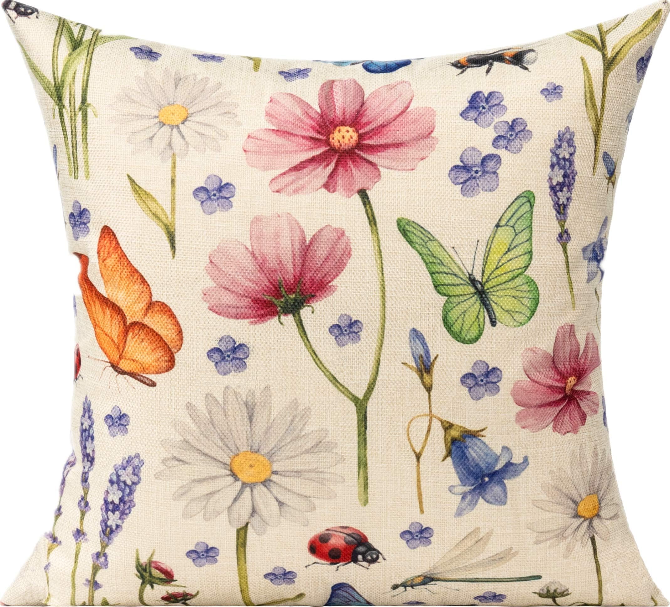 All Smiles Outdoor Throw Pillow Covers Cushion Covers Patio Spring Summer Flowers Garden Farmhouse Décor Outside Bench Chair Decorative Cushion Cases 18x18 Set of 4 Decoration for Bed Couch Sofa