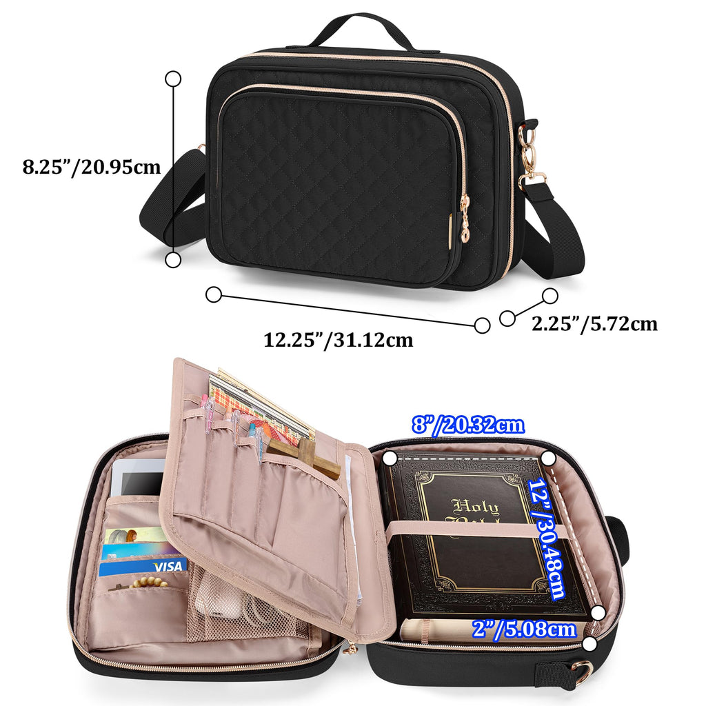 Teamoy Bible Cover for Men Women, Large Bible Book Cover Church Bag Carrying Case with Shoulder Strap and Detachable Pen Slots, Black Quilted