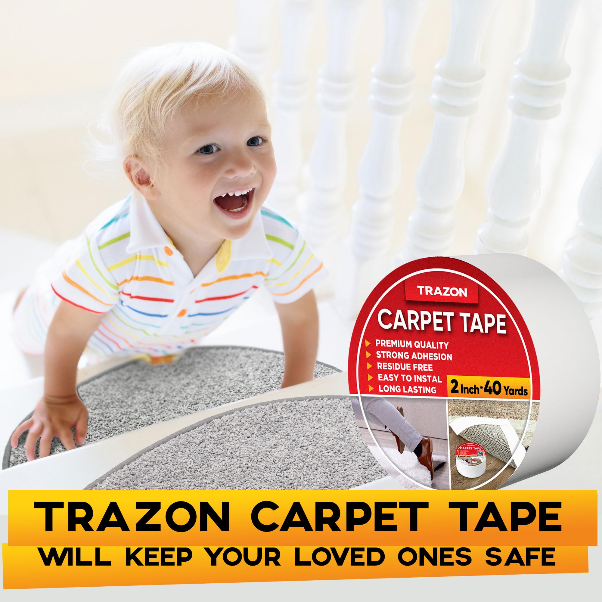 Trazon Carpet Tape Double Sided - Rug Tape Grippers for Hardwood Floors and Area Rugs - Carpet Binding Tape Strong Adhesive and Removable, Heavy Duty Stickers Tape, Residue Free (2 Inch / 40 Yards)