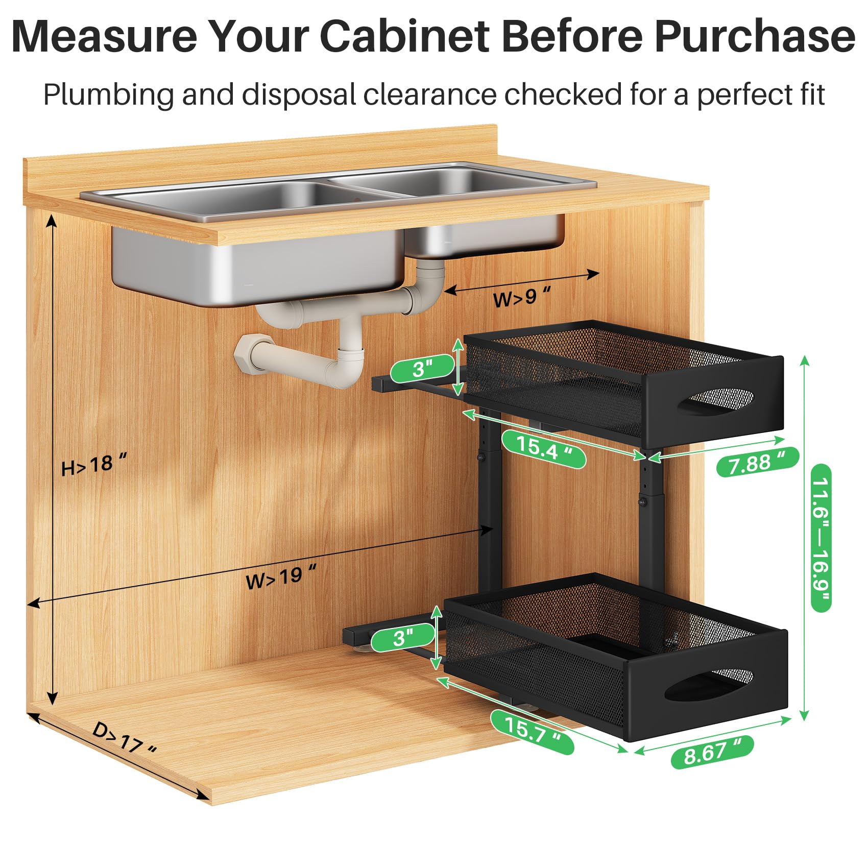 Under Sink Organizer, 2 Tier Pull out Cabinet Organizer Baskets with Mesh Sliding Drawers, Slide out Storage Shelf for Home, Kitchen, Bathroom, Pantry, Office Cabinet, Countertop(1 Pack)