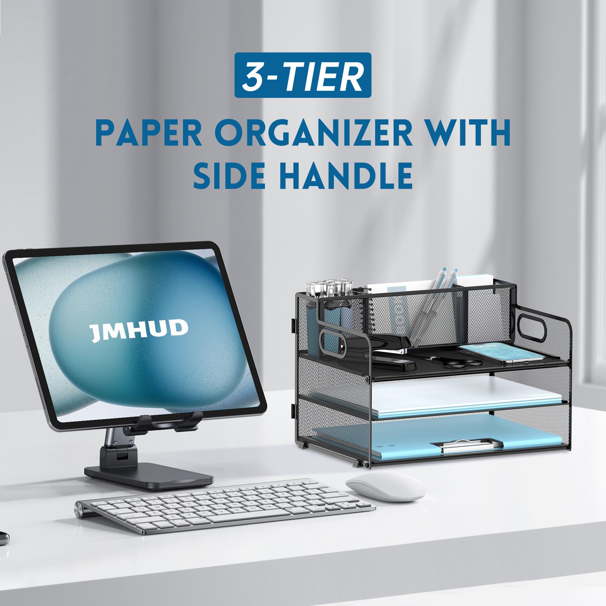 JMHUD 3-Tier Paper Letter Tray Organizer with Pen Holder, Mesh Desk Accessories & Workspace Organizers with Handle, File Sorter Office Supplies for Desk,Black