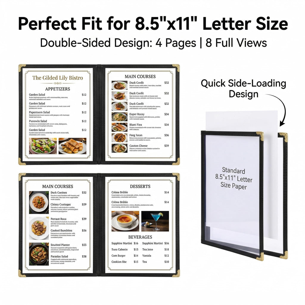 2PCS 8.5 x 11 Inch Menu Covers,4 Page 8 View Transparent Restaurant Menu Covers, Fits A4 Size Paper，Bar Cafe Restaurant Book Black Folder