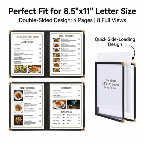 2PCS 8.5 x 11 Inch Menu Covers,4 Page 8 View Transparent Restaurant Menu Covers, Fits A4 Size Paper，Bar Cafe Restaurant Book Black Folder