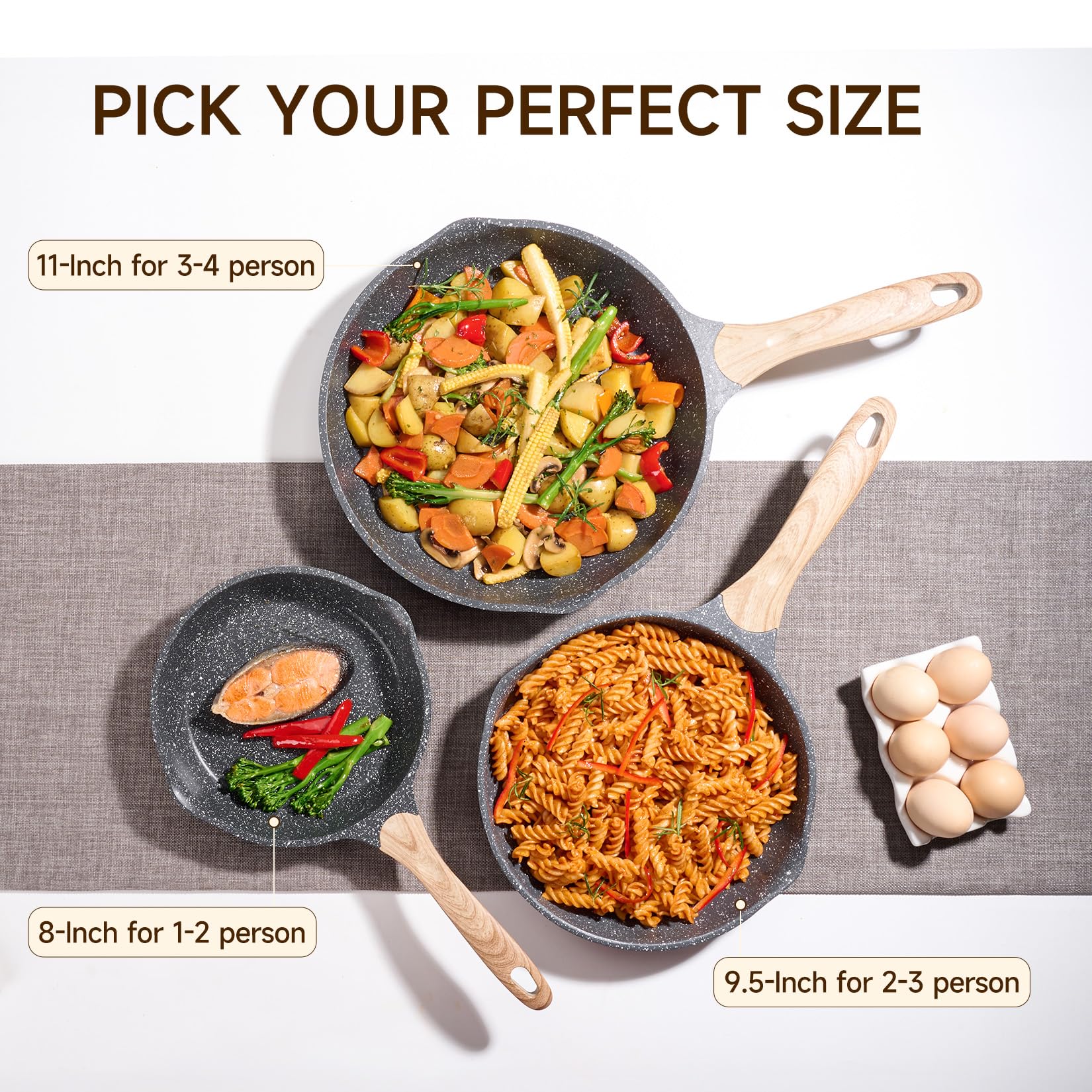 JEETEE 8 inch Nonstick Frying Pan Granite Stone Coating Cookware, Nonstick Omelette Skillet with Soft Touch Handle, All Stove Induction Compatible (Gray)