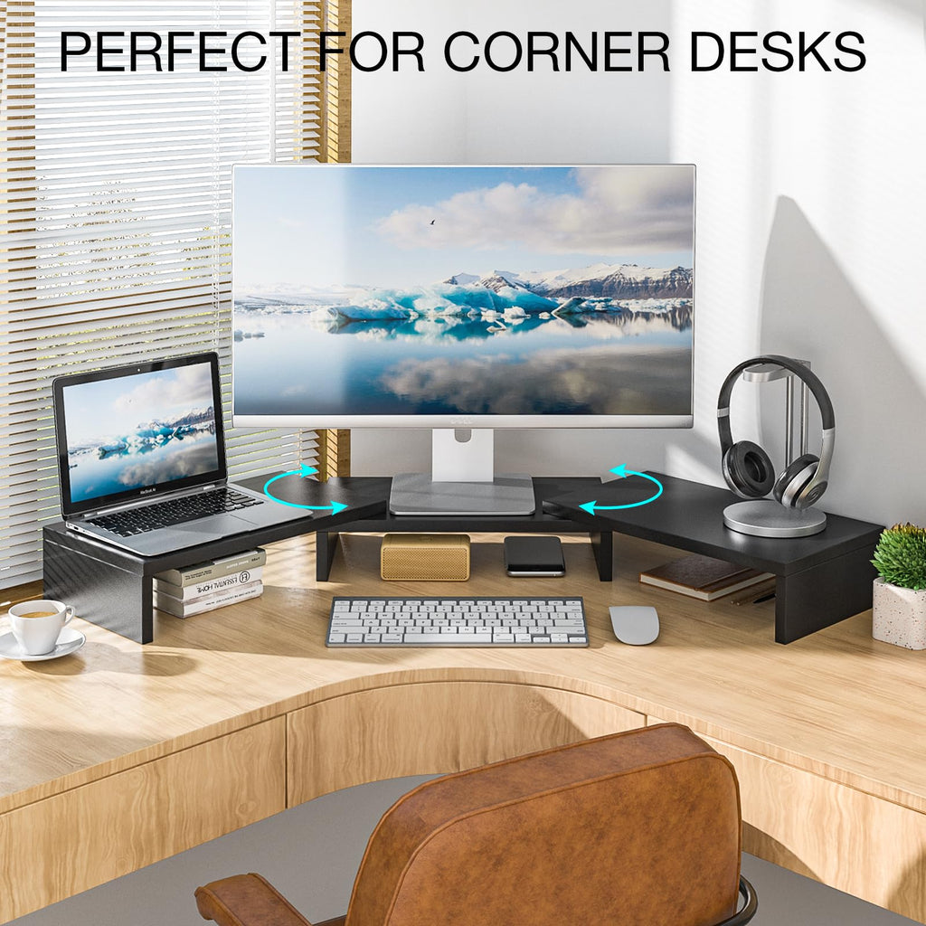 Rfiver Dual Monitor Stand Riser, Adjustable Length (30.7-43.3") & Angle, Large Wooden Desktop Organizer with Storage Shelf for Laptop, Monitors, Home Office Desk, Black