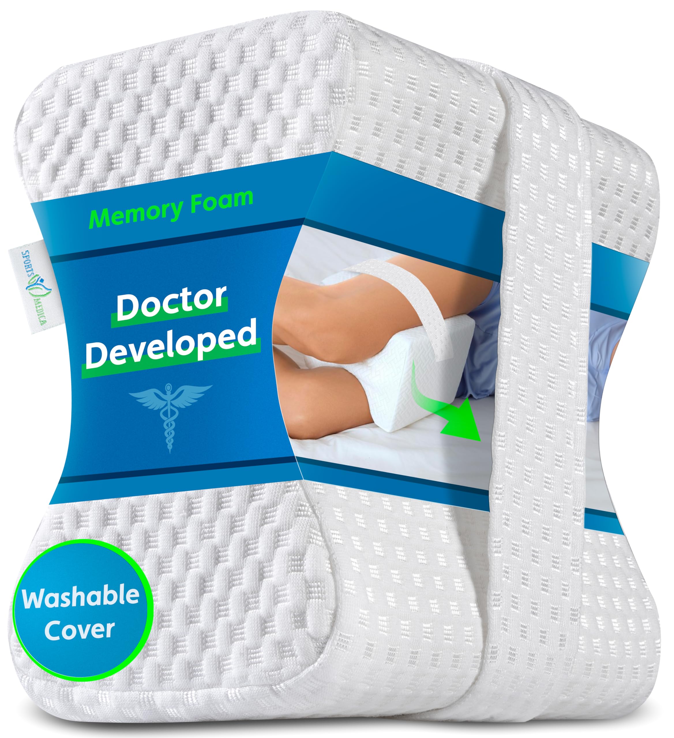 Sports Medica Doctor Developed Ergonomic Knee Pillow for Side Sleepers - eHandbook Included - Memory Foam Spine Alignment Leg Pillow for Sleeping on Side - Hip & Leg Elevation Pillow