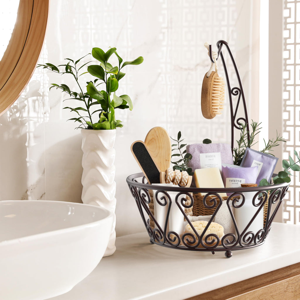 Simple Houseware Fruit Basket Bowl with Banana Tree Hanger - Wire Produce Storage Stand & Organizer for Kitchen Counter, Bronze