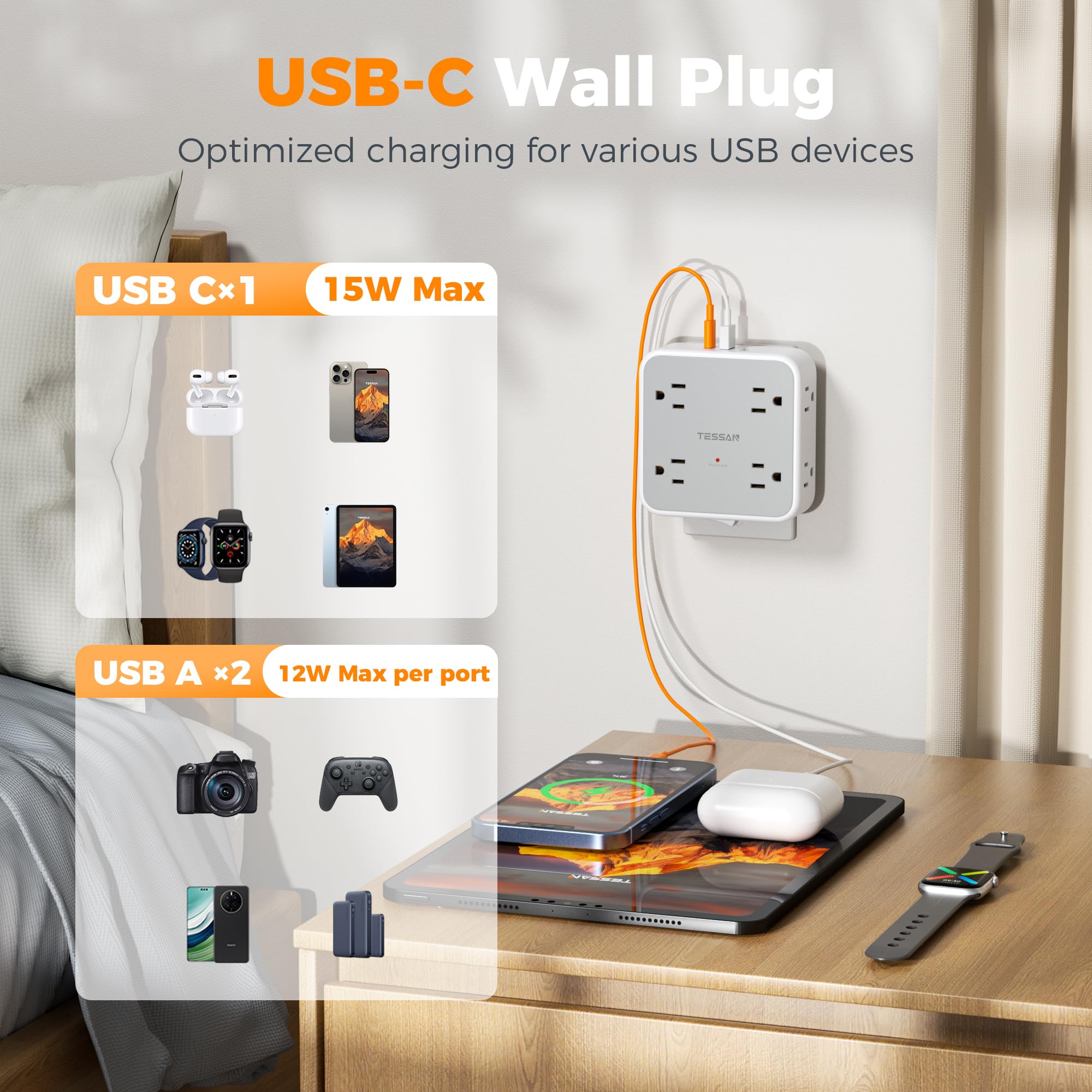 Multi Plug Outlet Extender, TESSAN 900J Surge Protector Plug Extension Block, 8 Outlet Splitter with 3 USB Ports (1 USB C), Electrical Socket for Home Office Dorm Room Essentials, Gray