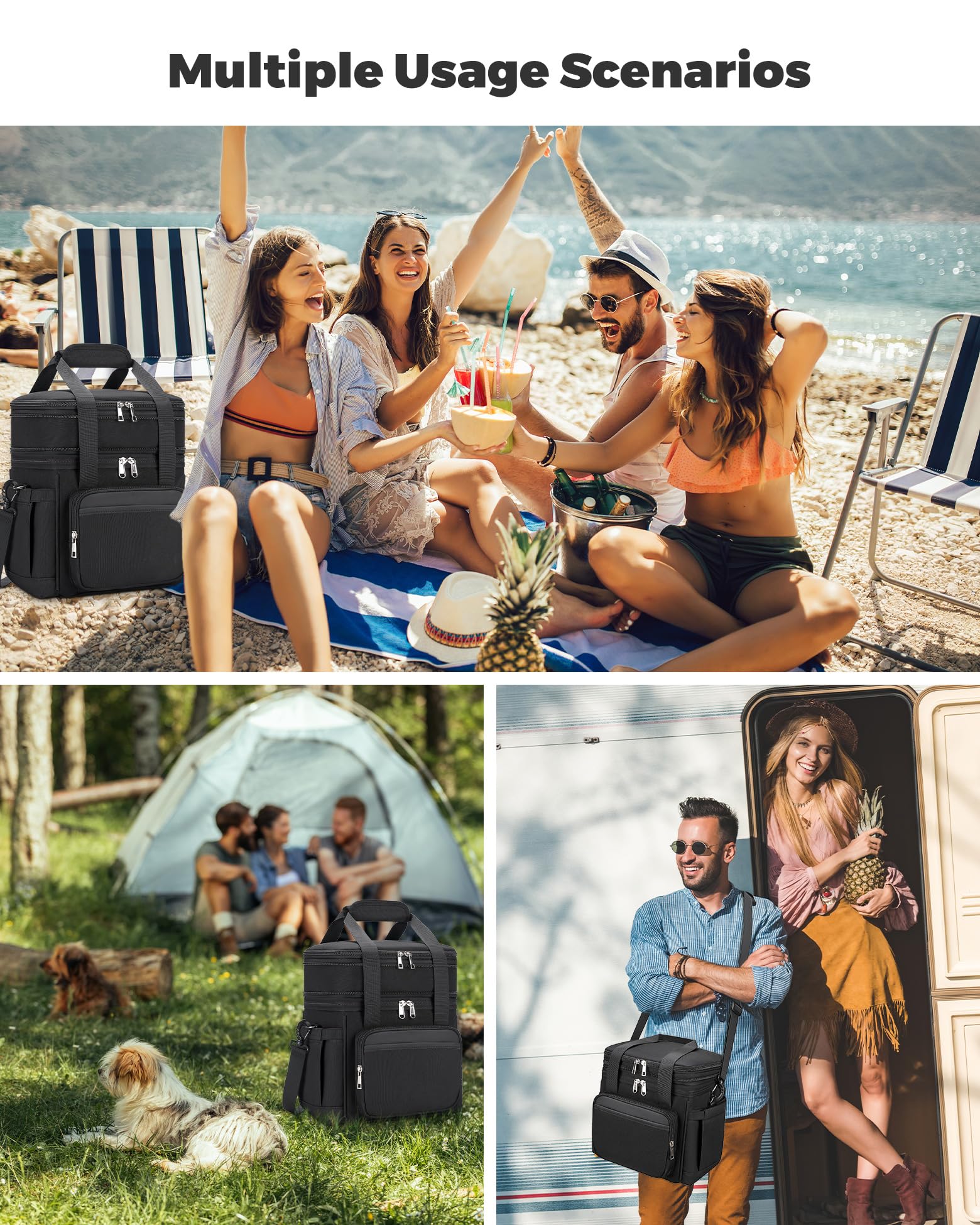 Insulated Lunch Bag for Men Women: Expandable Lunch Bag Box for Work Picnic Travel Outdoor - Large Reusable Leakproof Cooler Bag for Adult - Black
