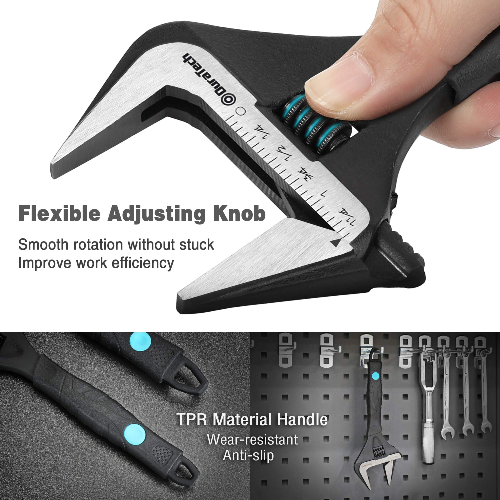DURATECH 8-Inch Adjustable Wrench, Wide Jaw Opening Black Oxide Finish Plumbing Wrench, CR-V Steel, SAE and Metric Scale Marked, Ergonomic Grip