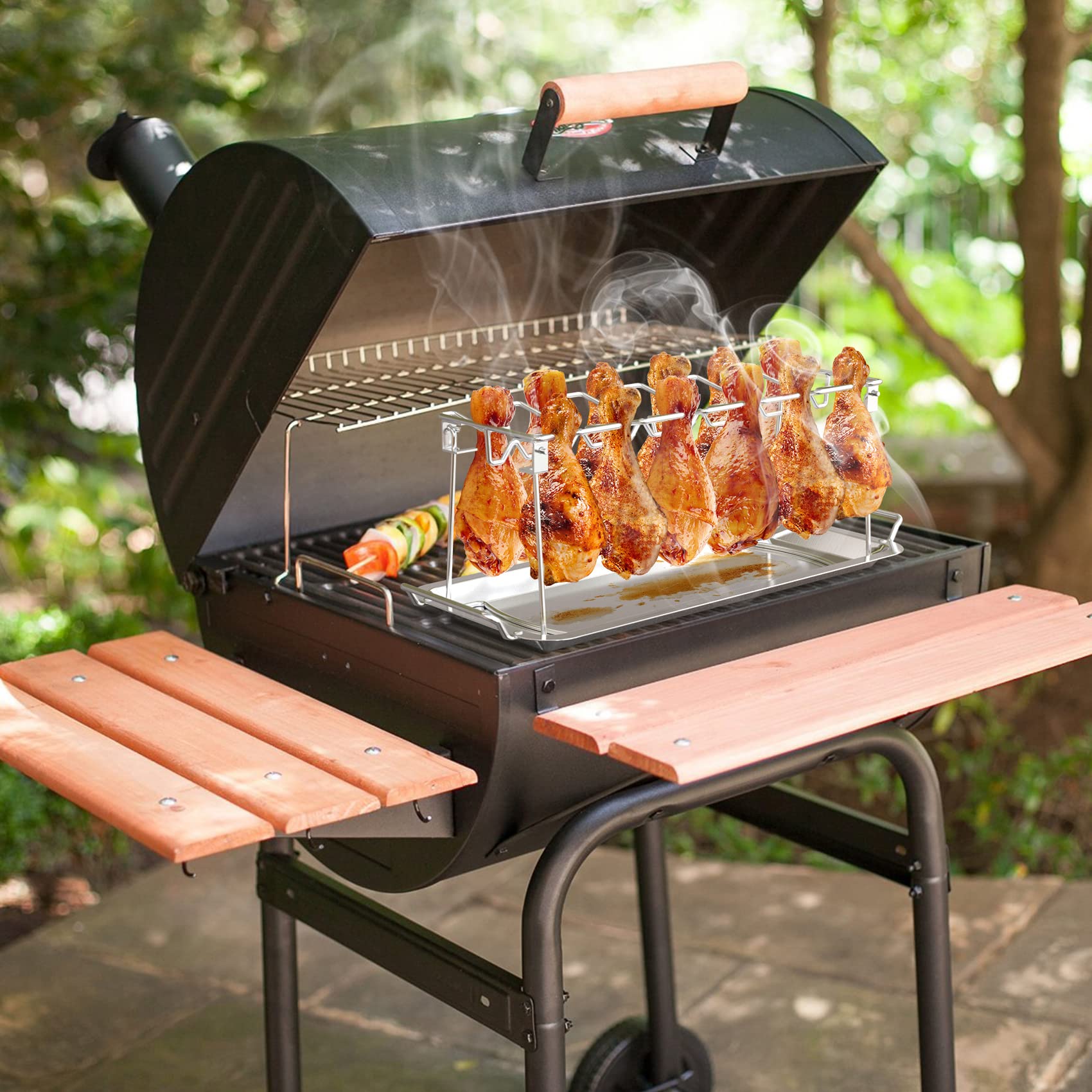Onlyfire Stainless Steel Chicken Wing Leg Rack with Drip Tray for Smoker Grill,Oven and Charcoal Kettle,Hang Up to 14 Chicken Legs or Wings
