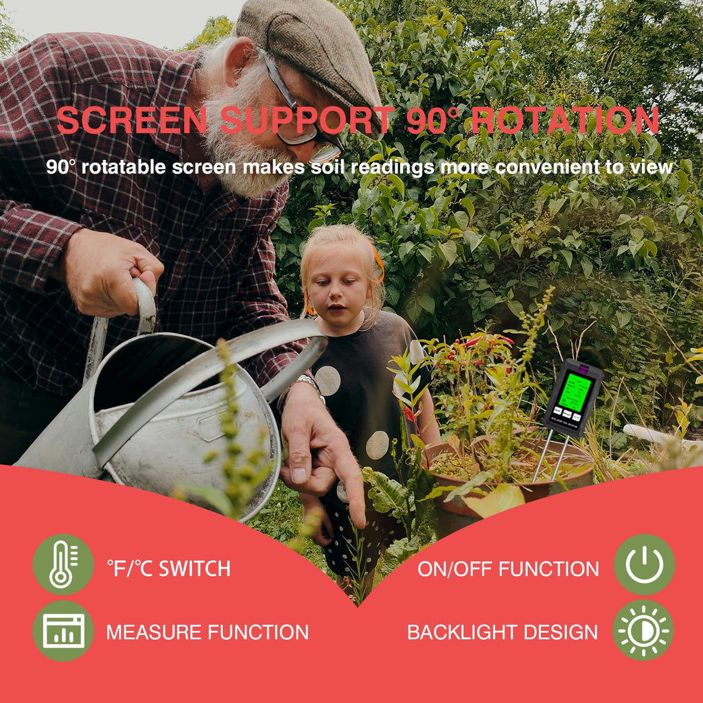 LSENLTY 6-in-1 Soil Moisture Meter Digital Plant Fertility/Moisture/PH/Temp/Sunlight/Humidity Backlight LCD Display Soil Test Meter for Gardening, Farming and Outdoor Plants