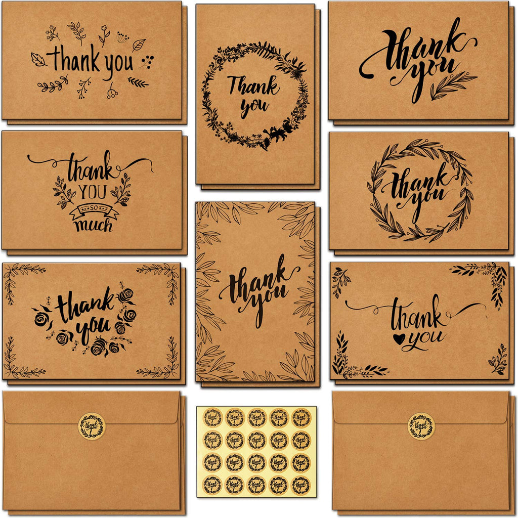 144 Thank You Cards Bulk, Brown Kraft 4x6 Inch Thank You Notes with Envelopes and Stickers, 6 Elegant Designs Greeting Cards for Business, Wedding, Baby Shower, Blank Inside
