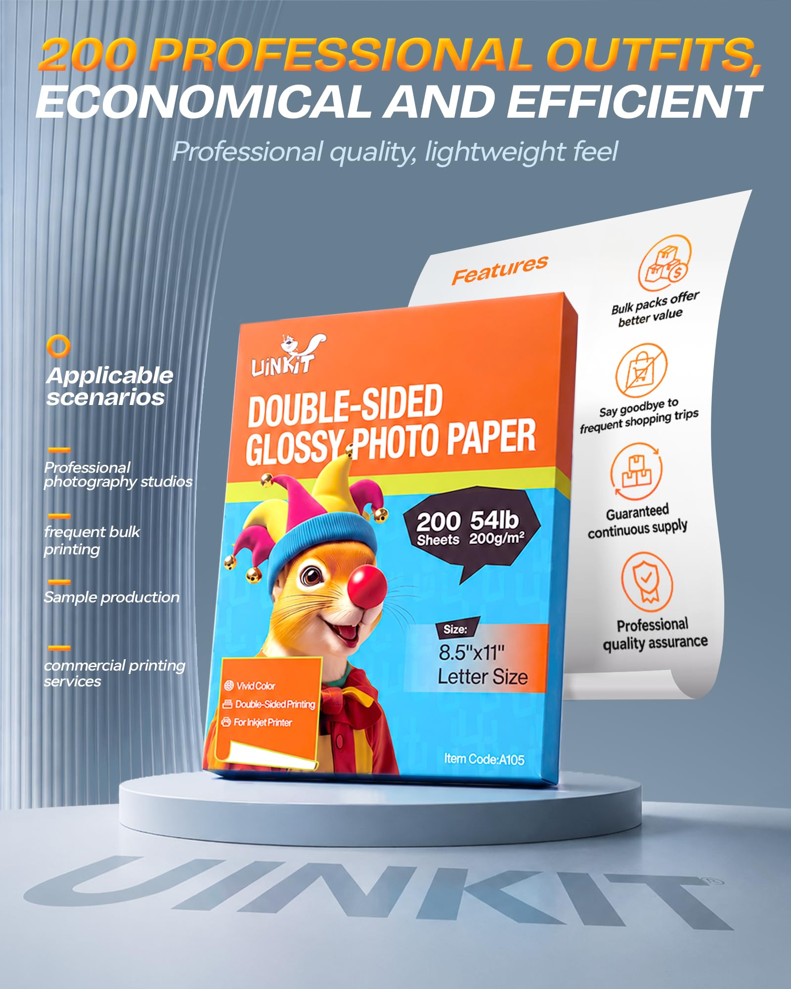 Uinkit 200 Sheets Double Sided Photo Paper Glossy 8.5x11 54lbs Inkjet for Dye Ink 200Gsm Value Bulk Pack Picture 8.5 x 11 9.5Mil for Inkjet Printing Printer