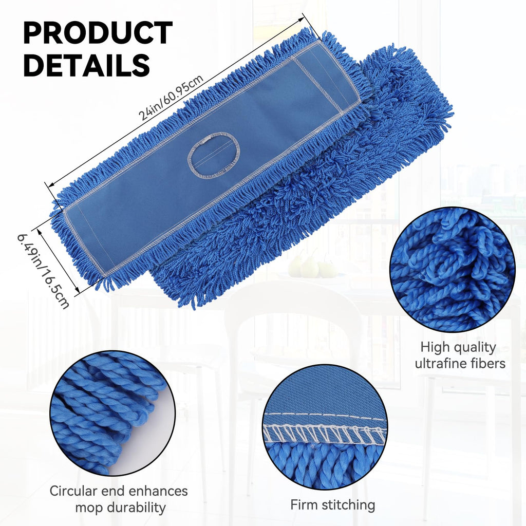 24 Inch Dust Mop Head: Replacement Medium Washable Commercial Mop Head - Sweeper and Janitorial Dust Mop Head Replacement Blue (Blue - 24 Inch, 3 Pack)