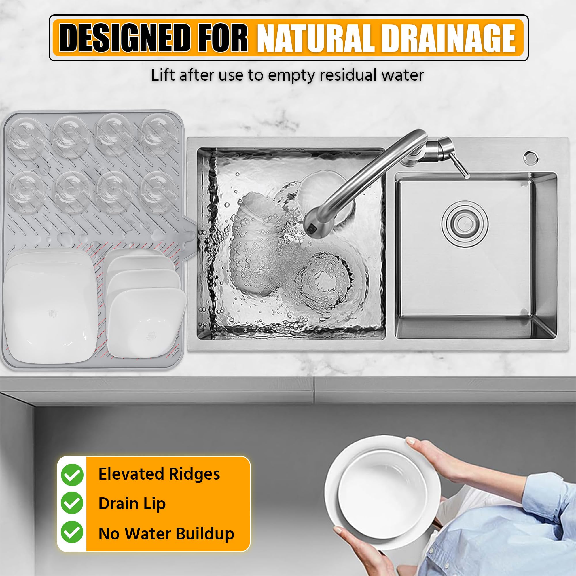 Luxet Silicone Dish Drying Mat with Built-in Drain Lip - Hygienic Drying Pad - Sturdy Compact Easy to Clean Tray Protects Surfaces Prevents Water Build Up - 23 X 17 (Grey)