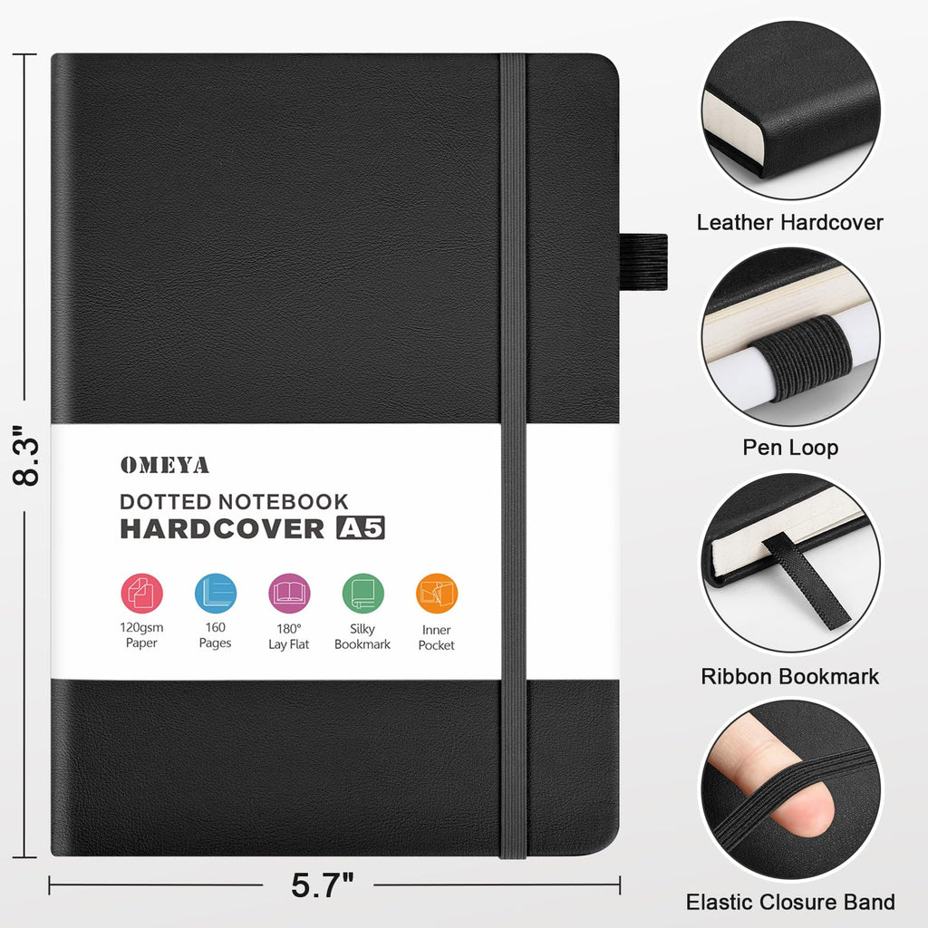 Bullet Dotted Journal Notebook 4 Pack: 160 Pages Per Pack, A5 Medium Size(5.75" × 8.38"), 120 GSM Thick Paper, Leather Dotted Notebook, Hardcover Dot Grid Notebook, Dot Journal for Wrting (Black)