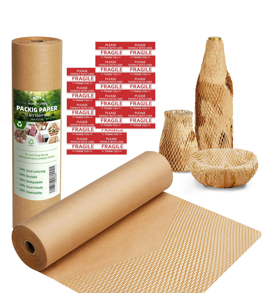 Honeycomb Packing Paper,12" W x 100' L Packing Paper for Moving,Products & Gifts Honeycomb Wrapping Paper,Recyclable and Biodegradable Shipping Packing Materials with 10 Fragile Sticker Labels