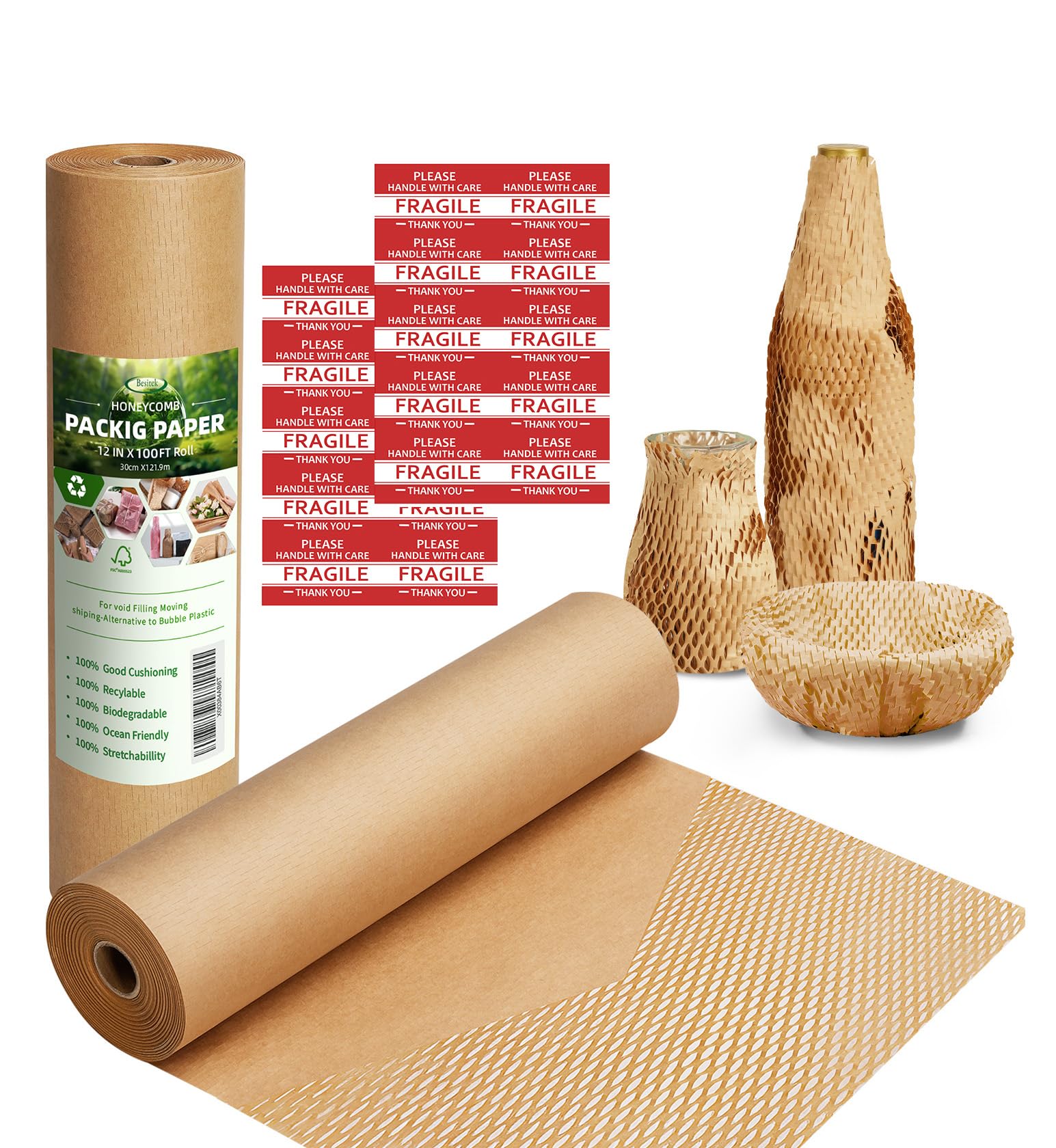 Honeycomb Packing Paper,12" W x 100' L Packing Paper for Moving,Products & Gifts Honeycomb Wrapping Paper,Recyclable and Biodegradable Shipping Packing Materials with 10 Fragile Sticker Labels