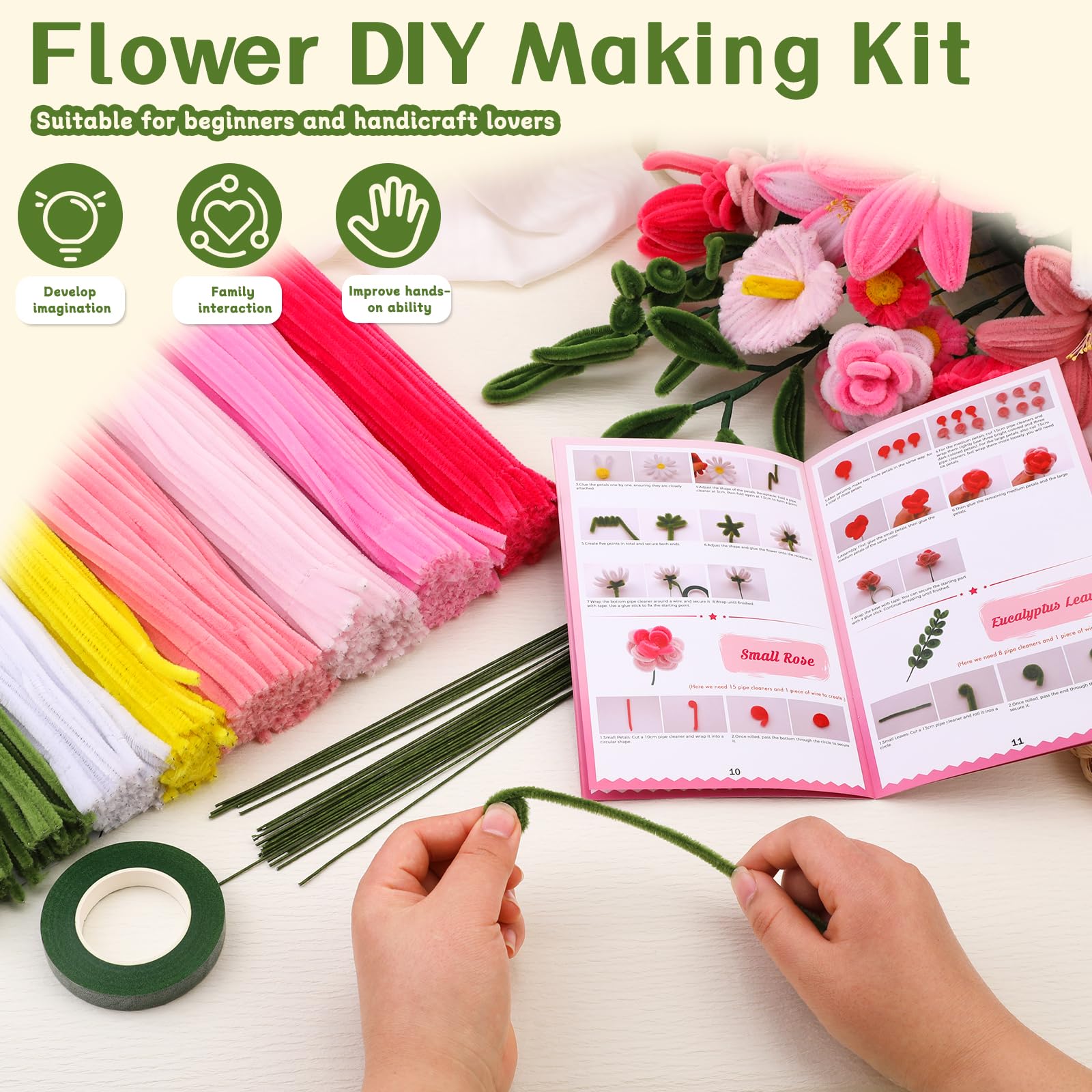 550 Pcs Pink Pipe Cleaner Flower Kit, 7 Colors Chenille Stems Pipe Cleaners Craft, Pipe Cleaner Bulk Flower Making Crafts Kit with Supplies, Instructions for Festival Home Decor