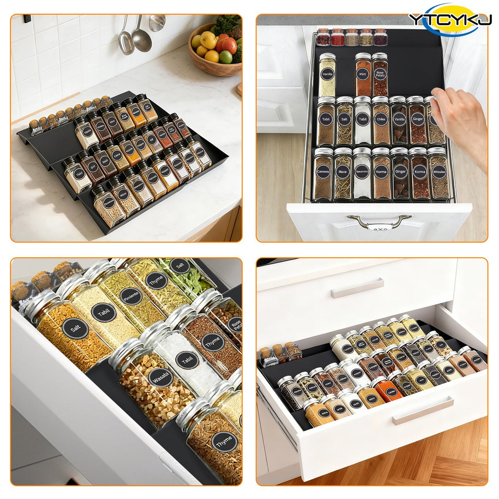 Spice Drawer Organizer with 180 Labels,4 Tier 2 Pack Drawer Seasoning Organizer with Guardrail,Spice Rack Organizer Expandable from 30 cm to 60 cm for Kitchen Drawers,Cabinets,Countertop