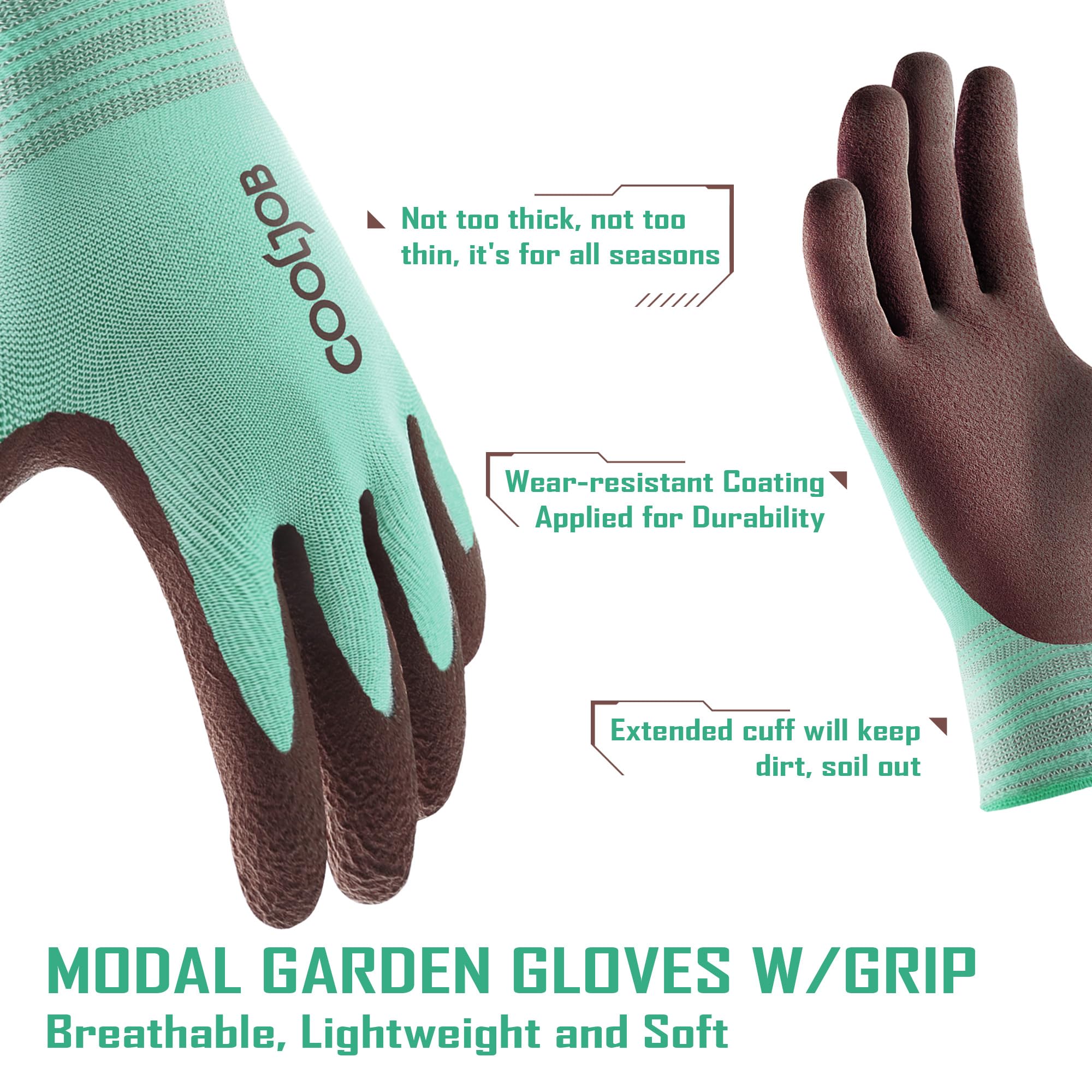 COOLJOB 2 Pairs Gardening Work Gloves for Men and Women, Breathable Base Rubber Coated Non-Slip, for Lawn Yard Patio Gardener, Durable Washable and Reusable, Green & Yellow, Small