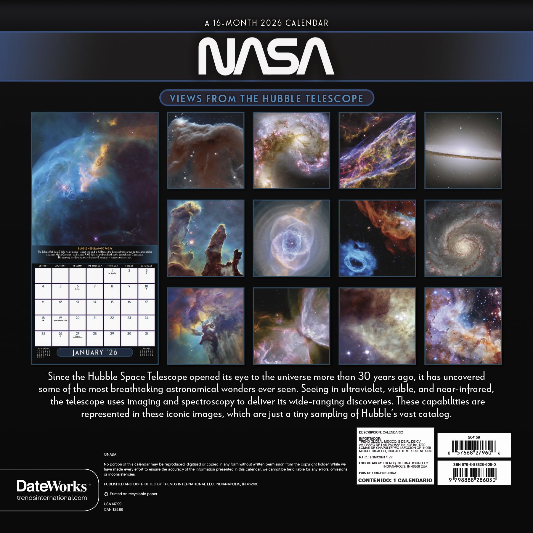 2026 NASA - Views from The Hubble Telescope Wall Calendar