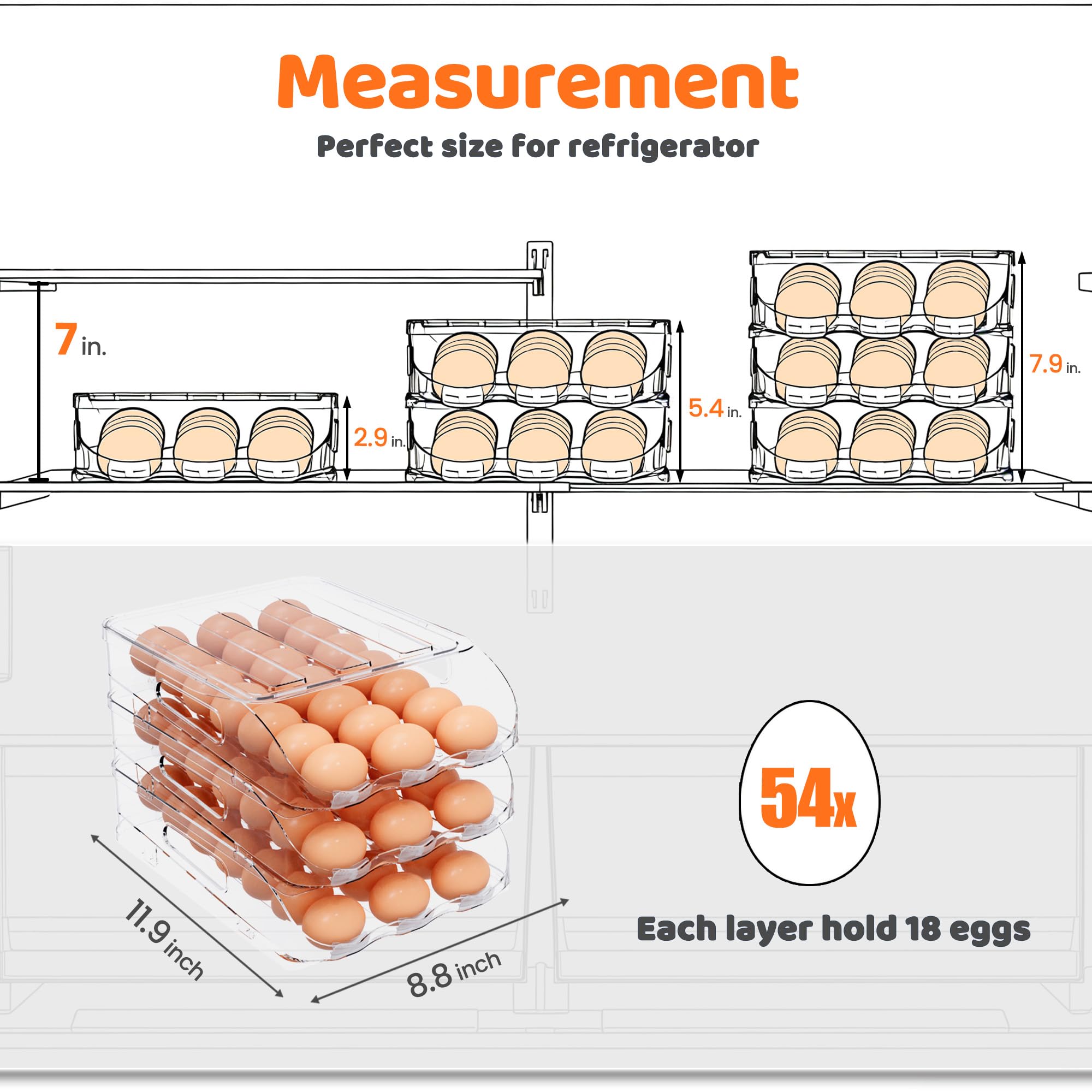 SMRCAD Egg Holder for Fridge, Automatic Stable Rolling Egg Dispenser with Handle & Silicone Pad for Refrigerator, Large Capacity Egg Organizer with Lid