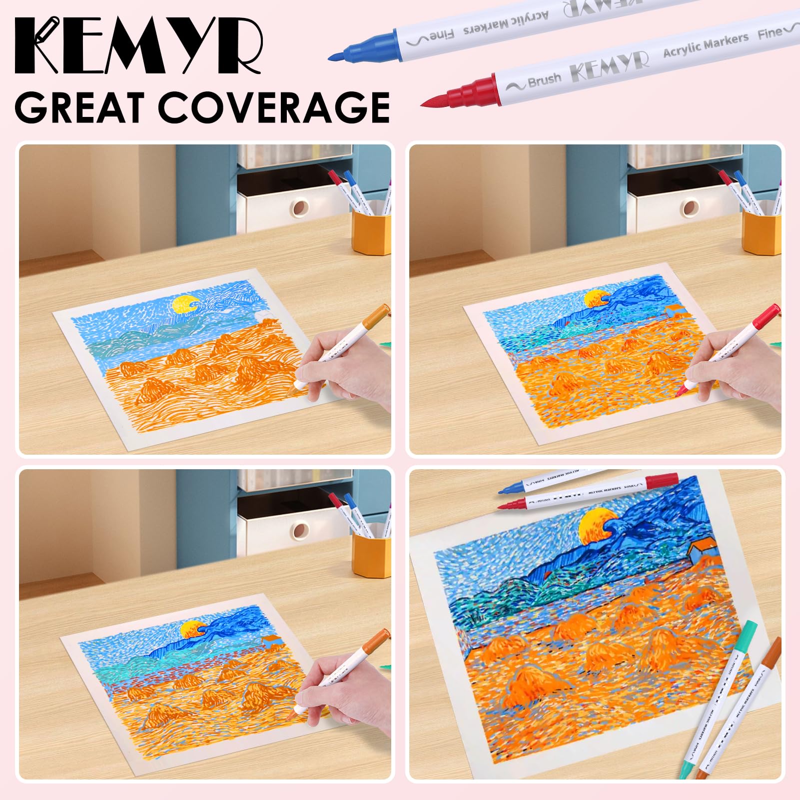 KEMYR 72 Colors Brush & Fine Tip Acrylic Paint Pens, Dual Tip Acrylic Paint Markers for Paper, Wood, Canvas, Stone, Rock Painting, Glass, Fabric, DIY, Ceramic, Art Supplies for Drawing