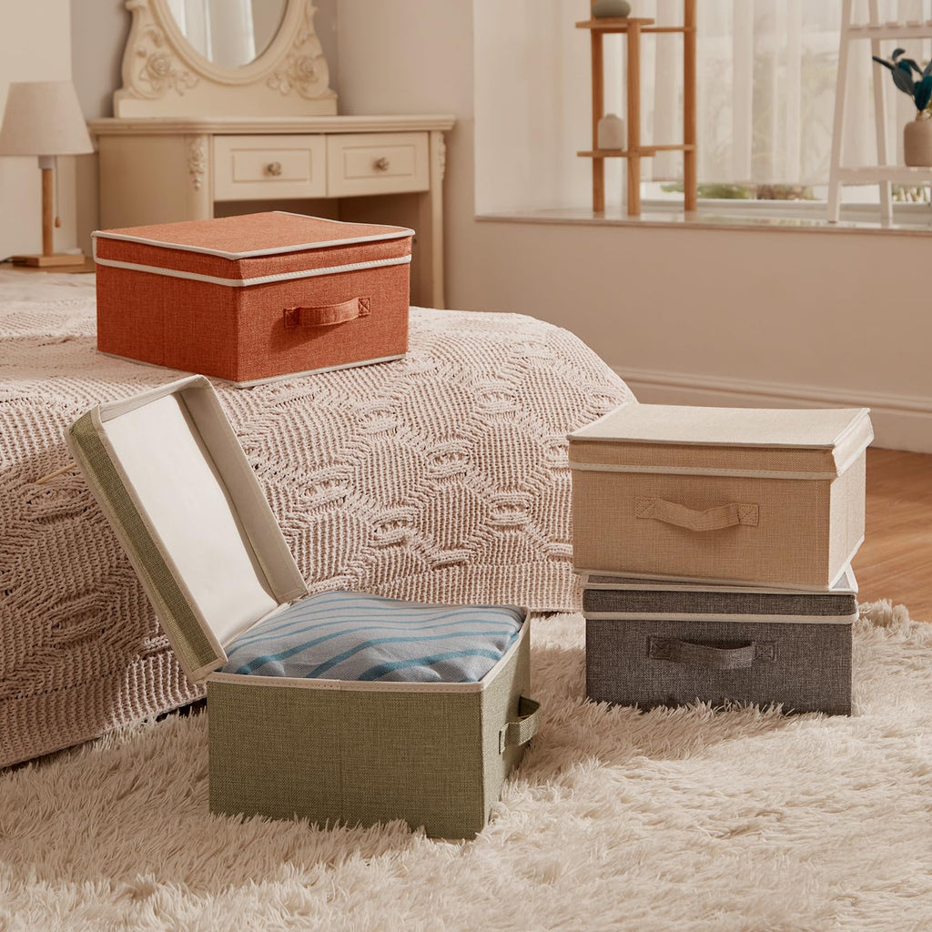 Storage Bins with Lid, Foldable Clothing Storage Box case with Handle for Closet, Bedroom, Home, 4 Color Set A, 13L x 12.5W x 7H inch