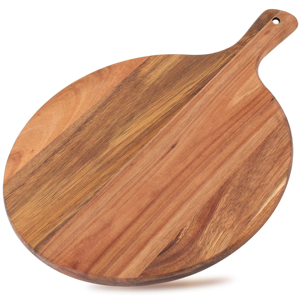 Dicunoy Acacia Wood Pizza Peel, 12" Wooden Cutting Board, Round Charcuterie Board with Handle, Wooden Pizza Paddle, Cheese Paddle Fruit Chopping Board Tray for Bread, Vegetables, RV, Camping