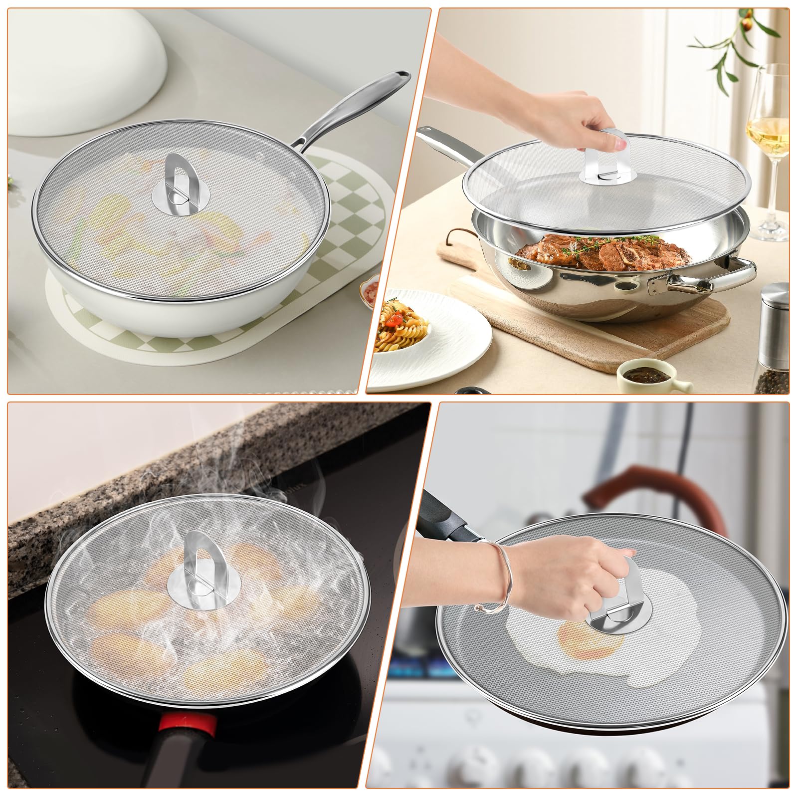 3-Pack Splatter Screens for Frying Pan - Stainless Steel Grease Splatter Guard with Foldable Knob, Ultra-Fine Mesh, Rust-Free (10", 11.5", 13") - No Oil Mess, No Burns
