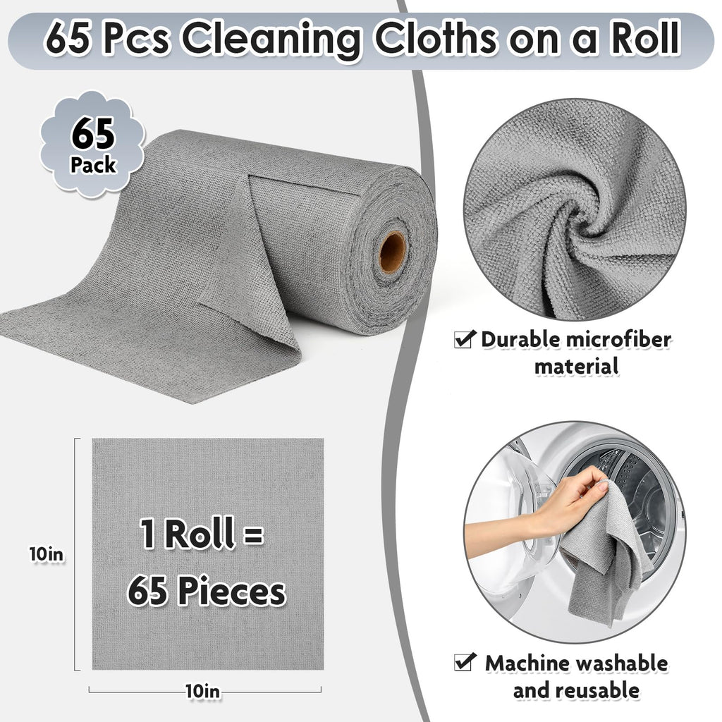 65 Pack of Microfiber Cloths in a Roll, 10" x 10" Reusable Washable Cleaning Rag Tear Away Towels for Auto House Garage Dust Kitchen Bathroom, Lint-Free Not Scratch Cleaning Supplies