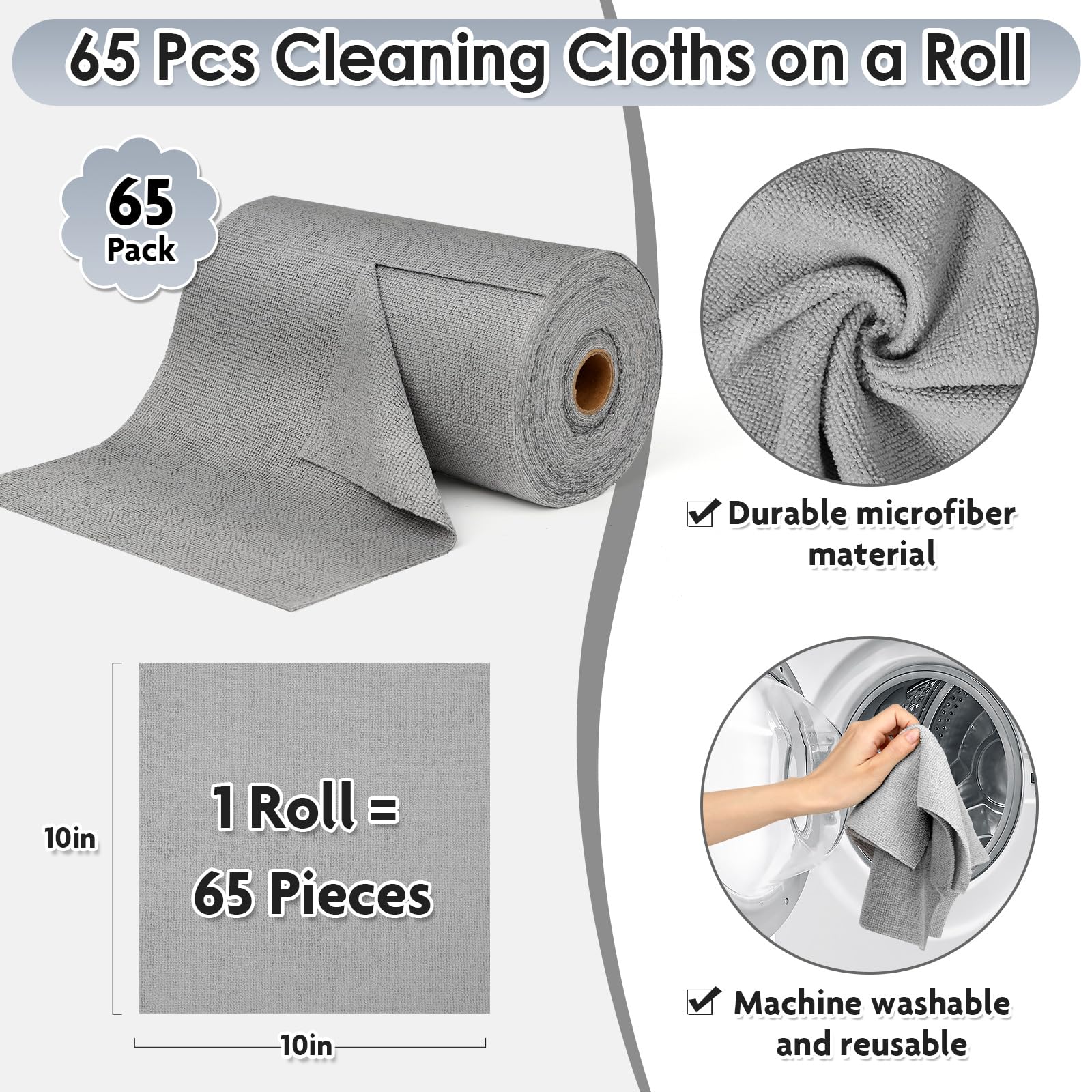 65 Pack of Microfiber Cloths in a Roll, 10" x 10" Reusable Washable Cleaning Rag Tear Away Towels for Auto House Garage Dust Kitchen Bathroom, Lint-Free Not Scratch Cleaning Supplies
