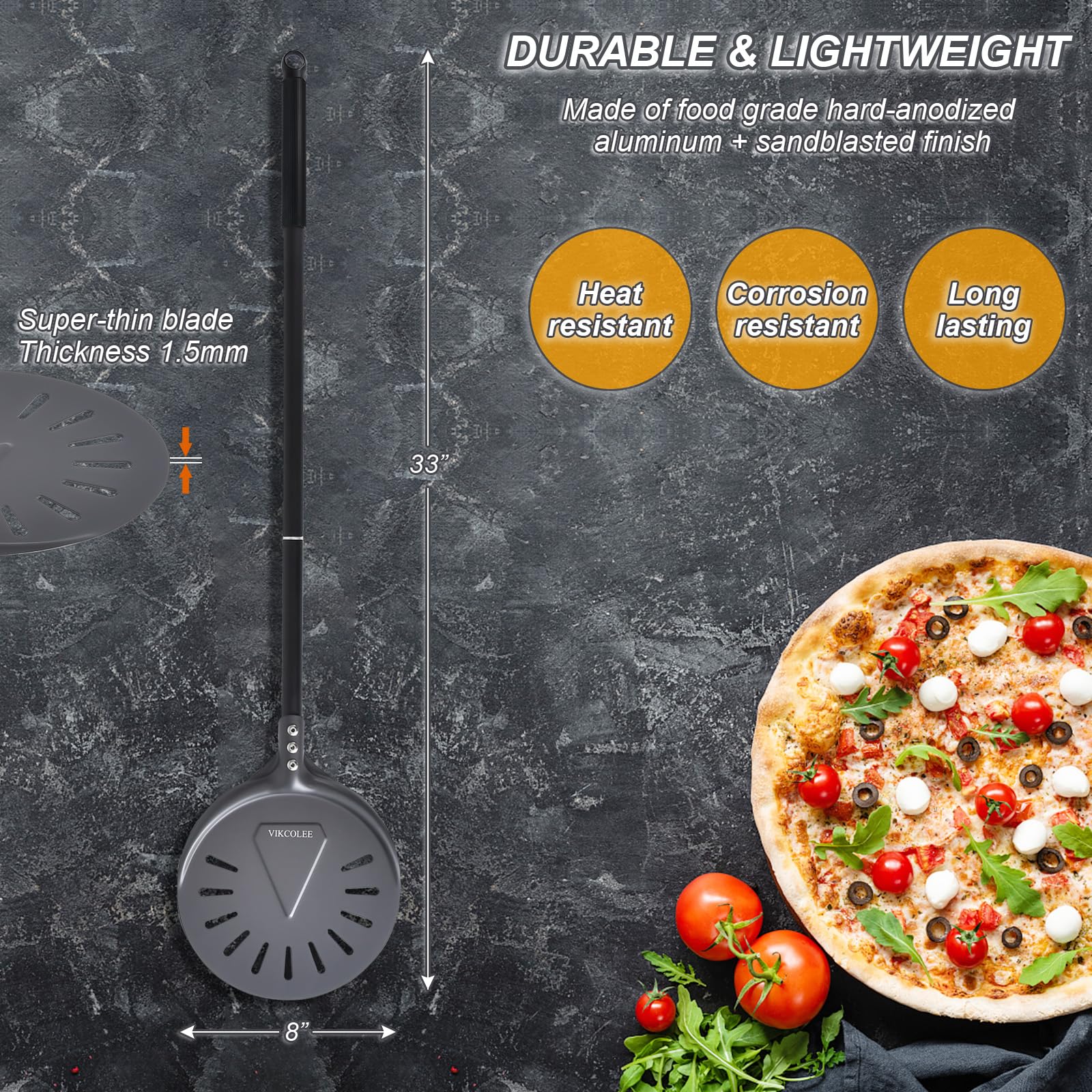 VIKCOLEE Turning Pizza Peel, 8 Inch with 25 Inch Handle Round Pizza Turning Peel, Professional Anodized Aluminum Turning Pizza Spatula, 33 Inch Overall