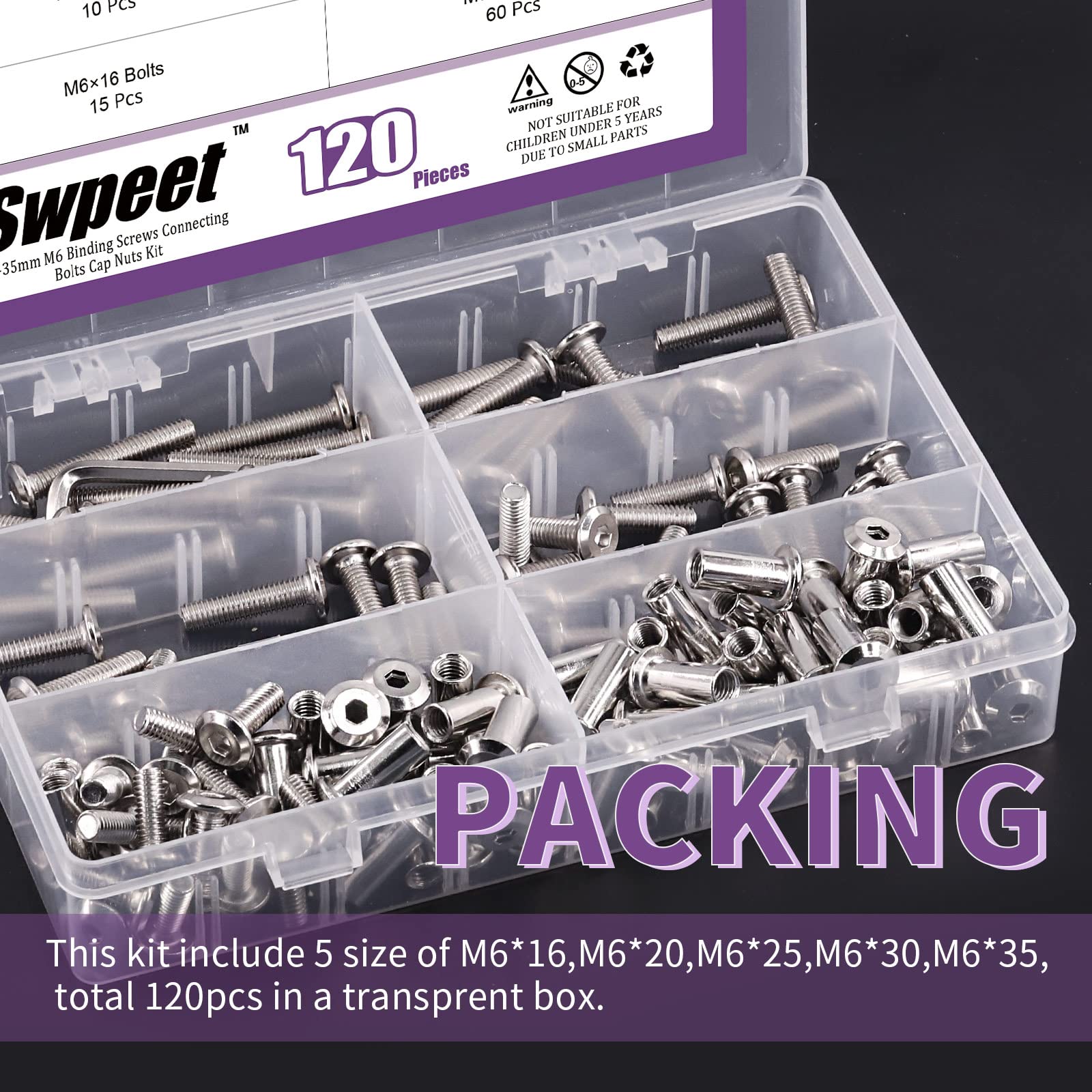 Swpeet 120Pcs M6x16mm/20mm/25mm/30mm/35mm Nickel Plated Sliver Hex Drive Socket Cap Bolts Barrel Nuts Kit with 1Pcs Allen Wrench, Screw Post Fit for Furniture Countsunk Belt Leather Binding Bolts