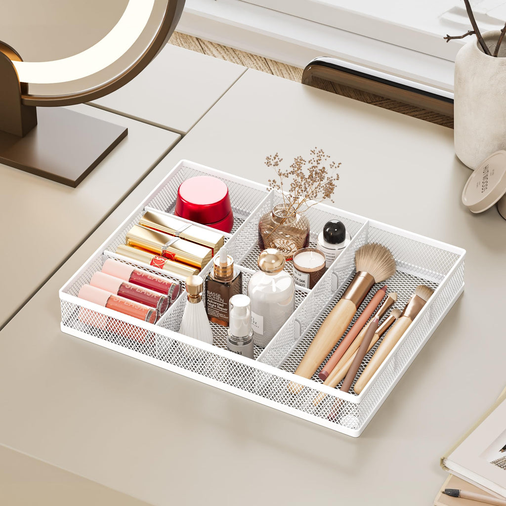 SUBEKYU Mesh Drawer Organizer Tray with 8 Adjustable Compartments, Desk Drawer Organizer for Office and Home, Stationery Storage Pen Holder Tool Tray - White