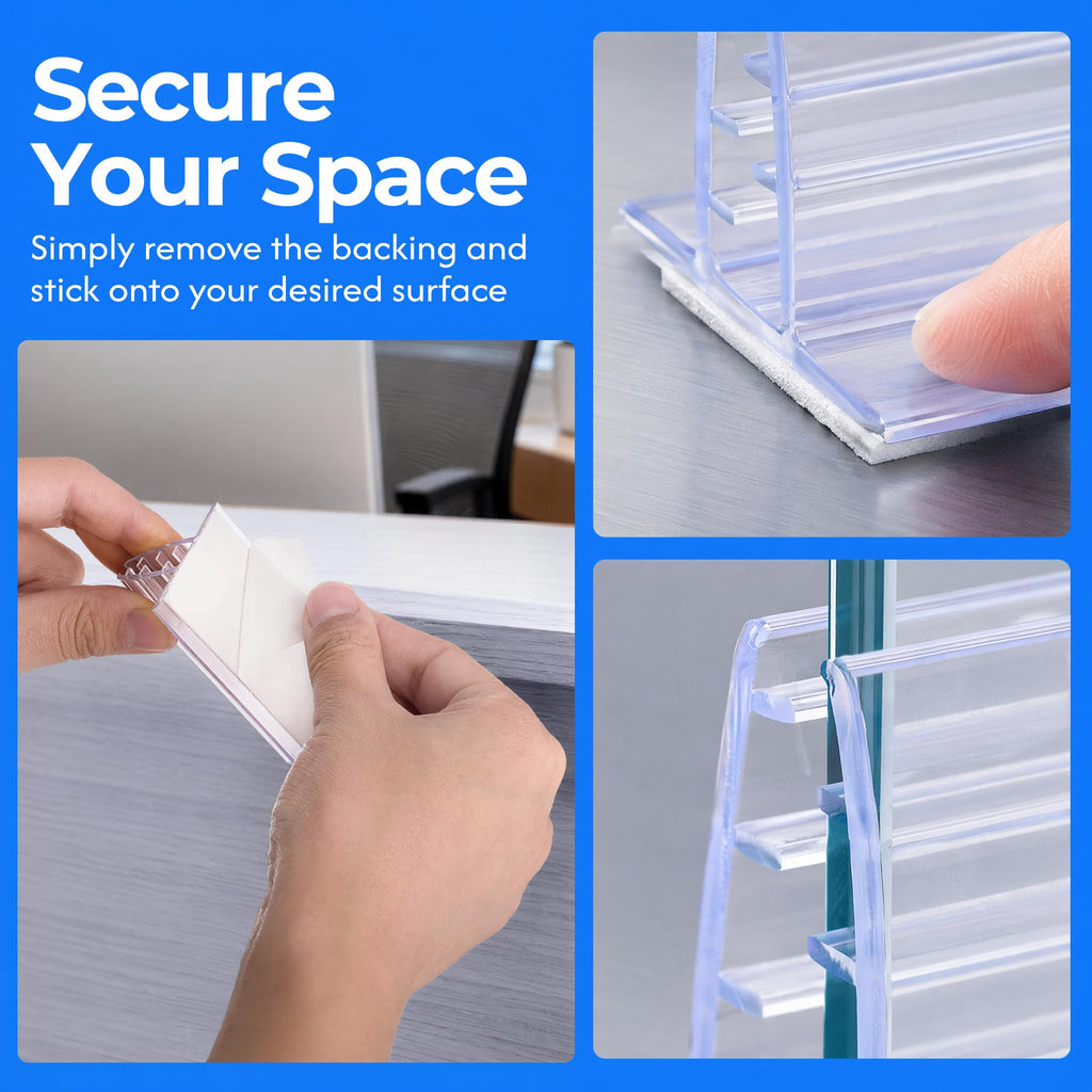 SOUJOY 50 Pack Self Adhesive Sneeze Guard Holder, 3'' x 1.6'' Acrylic Panels Holder Clip, Glass Sign Holder Stand, Desk Dividers Privacy for 0.1 to 5mm Thick