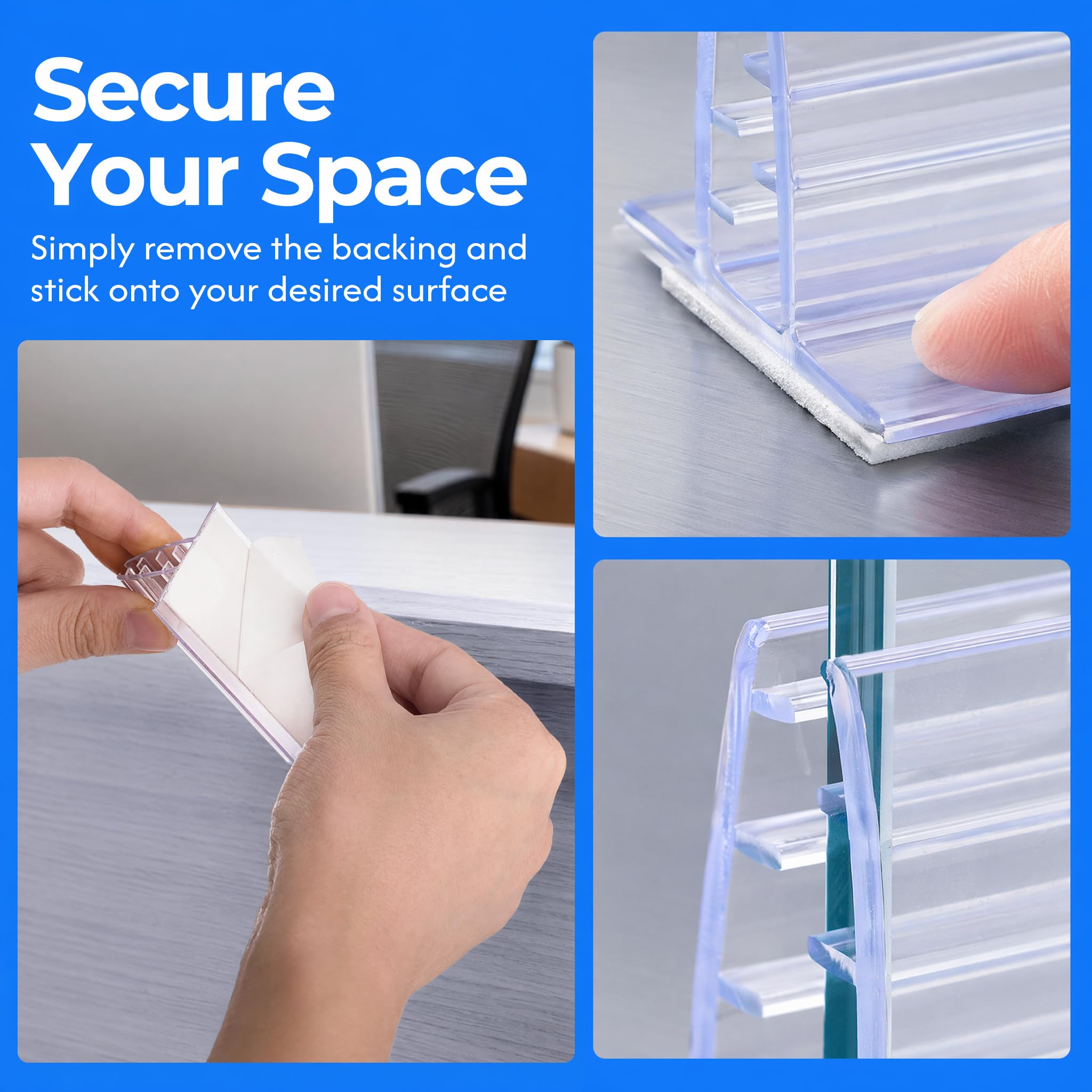 SOUJOY 50 Pack Self Adhesive Sneeze Guard Holder, 3'' x 1.6'' Acrylic Panels Holder Clip, Glass Sign Holder Stand, Desk Dividers Privacy for 0.1 to 5mm Thick